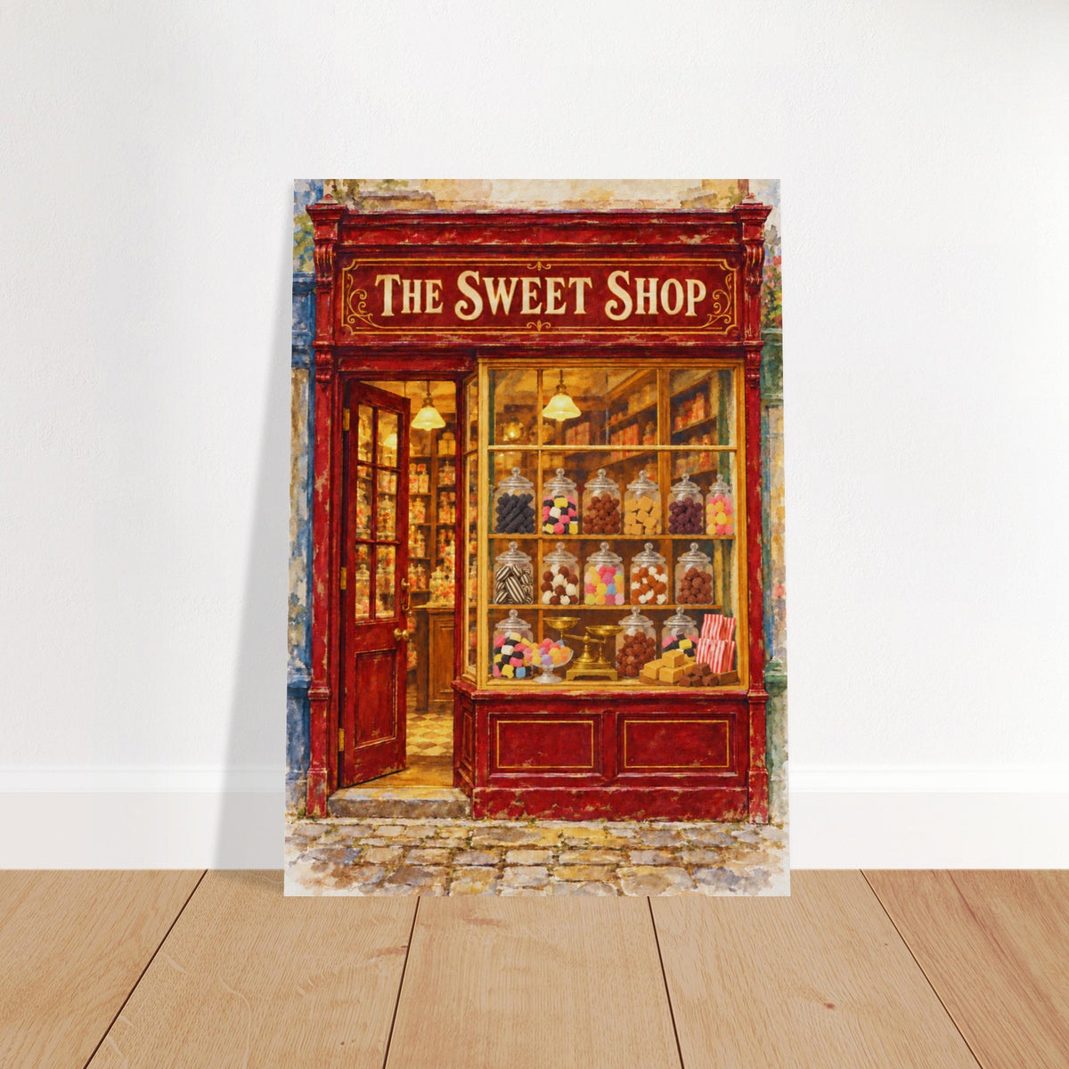 A vertical art print depicting a vintage red candy shop storefront with the sign 'THE SWEET SHOP' and glass jars of sweets, shown leaning against a white wall on a light wood floor.