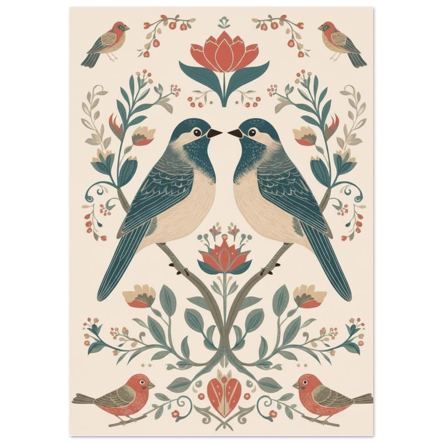 Close-up of Scandinavian folk art bird poster showing detailed floral and symmetrical design
