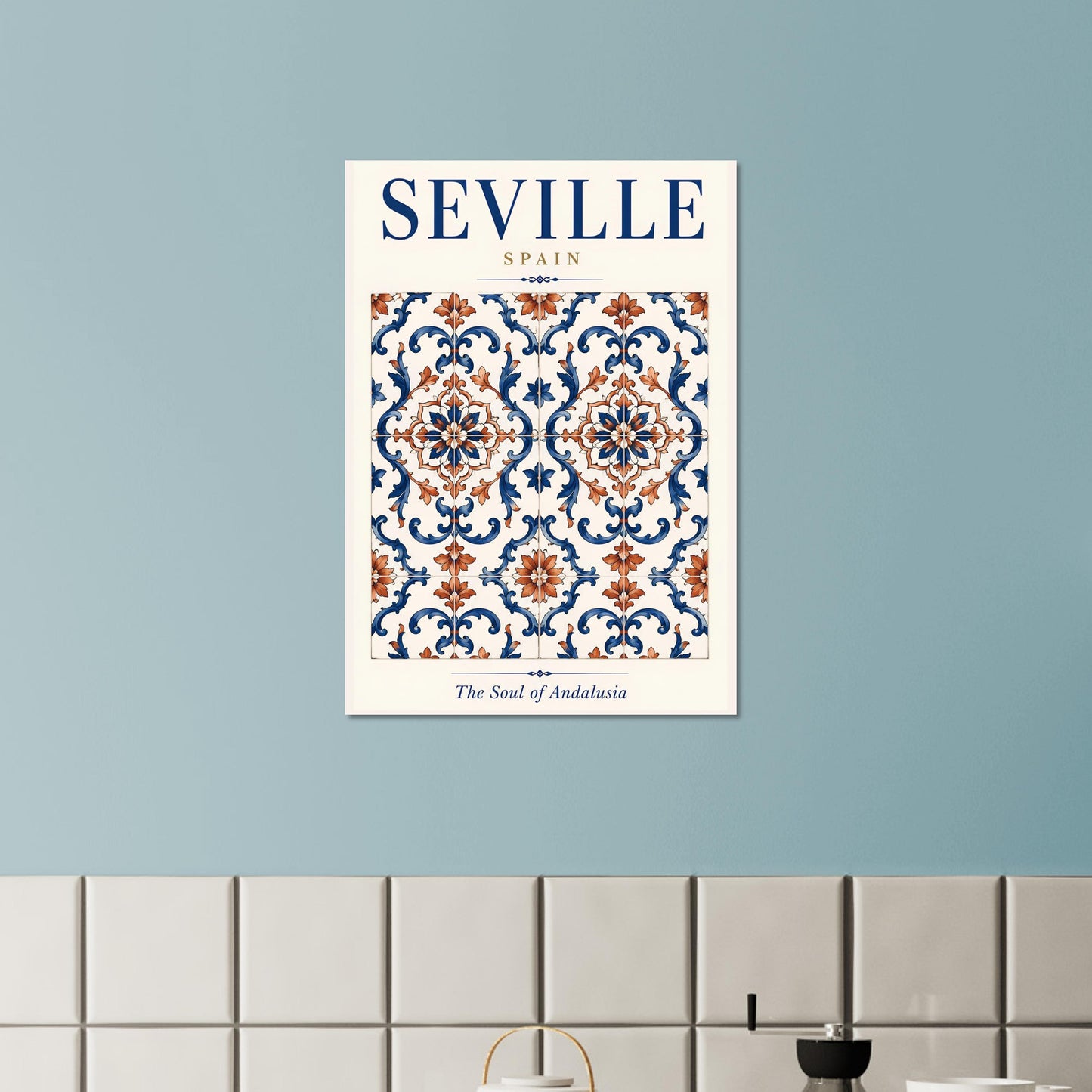 Seville wall art featuring a decorative Spanish tile pattern displayed on a soft blue wall in a modern interior.