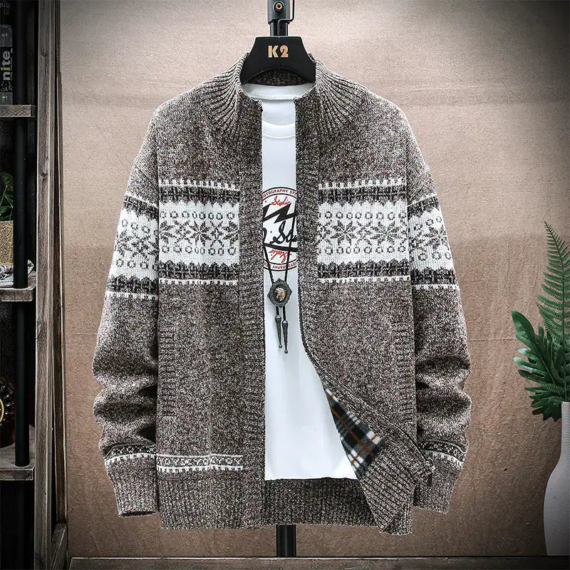 Men’s printed stand-collar cardigan jacket in brown with white Nordic pattern, displayed on hanger