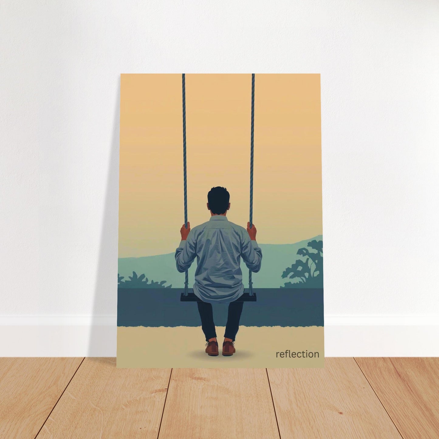Illustration of a person on a swing with a scenic background, titled 'reflection'.