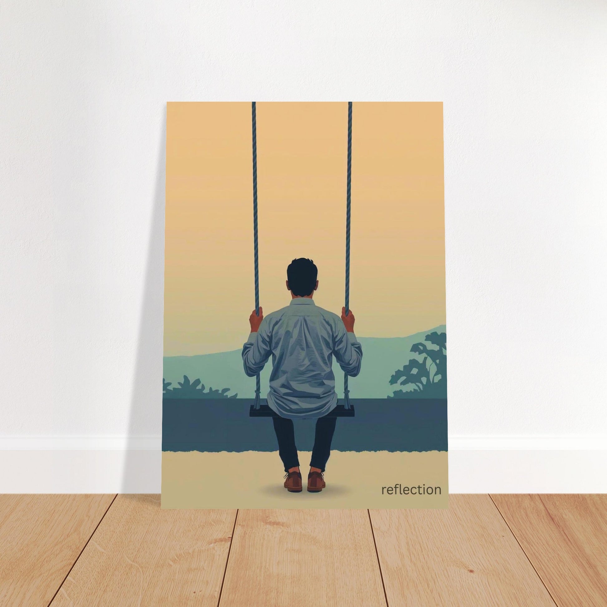 Illustration of a person on a swing with a scenic background, titled 'reflection'.