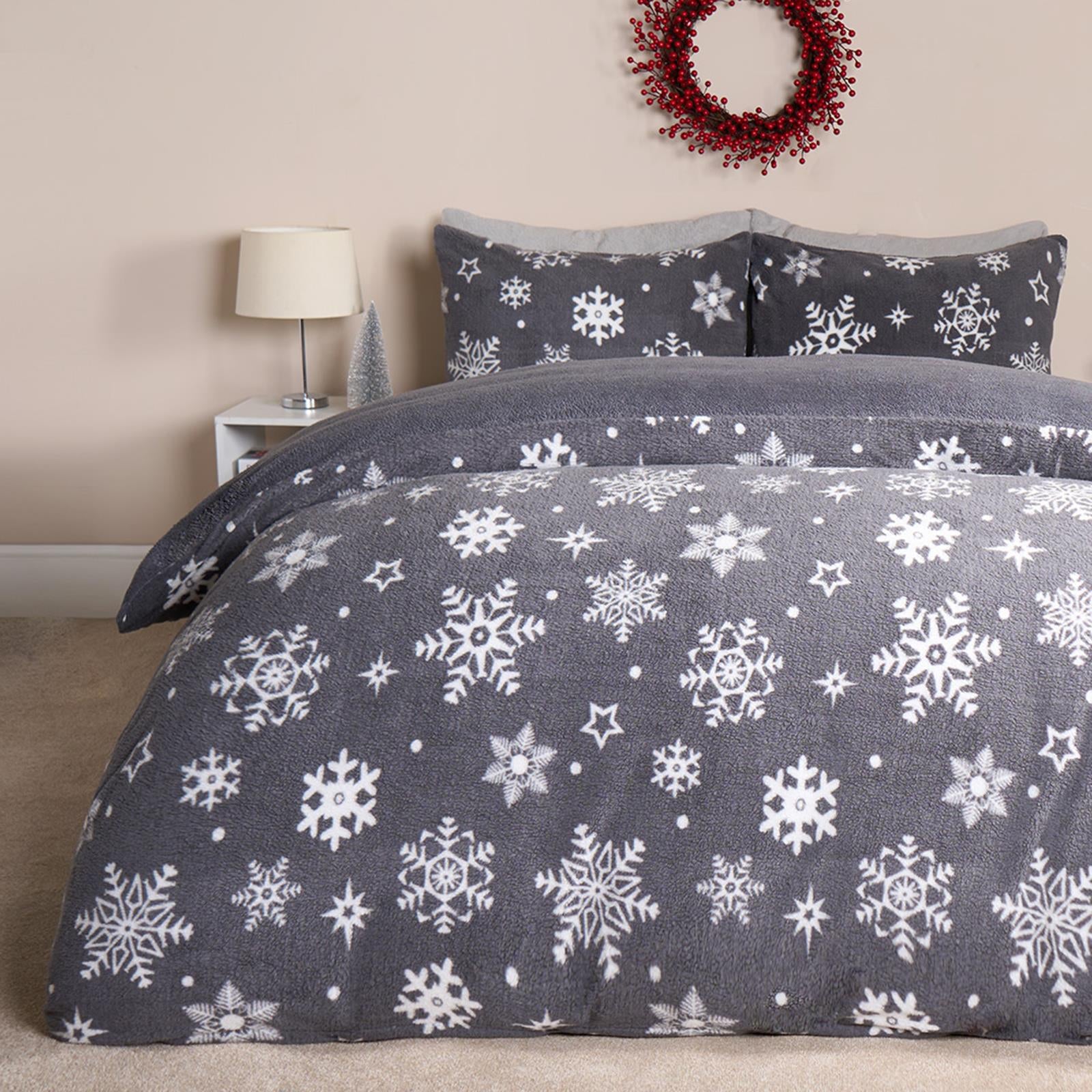 Snowflake Teddy Fleece Duvet Cover Bedding Set Winter Christmas Quilt Bed Soft