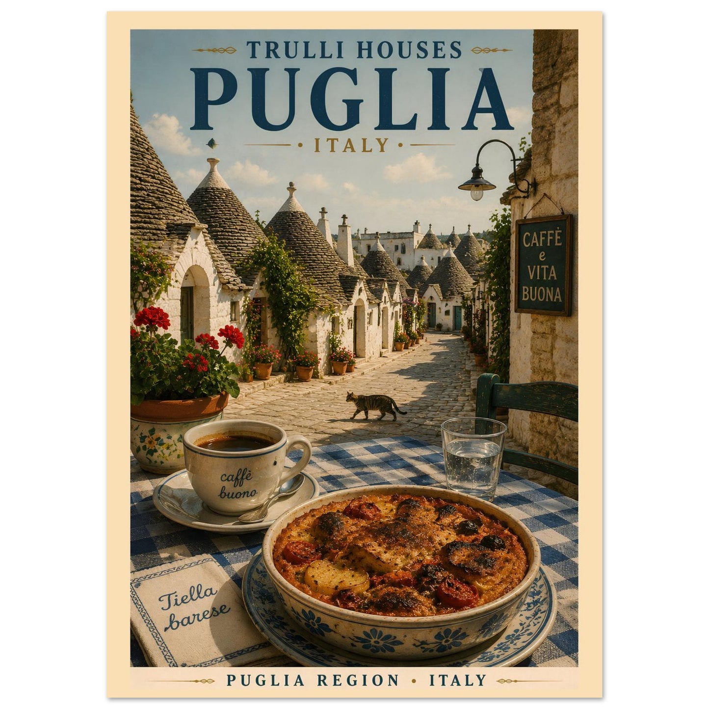Italian travel poster featuring Puglia trulli houses displayed against a clean studio background