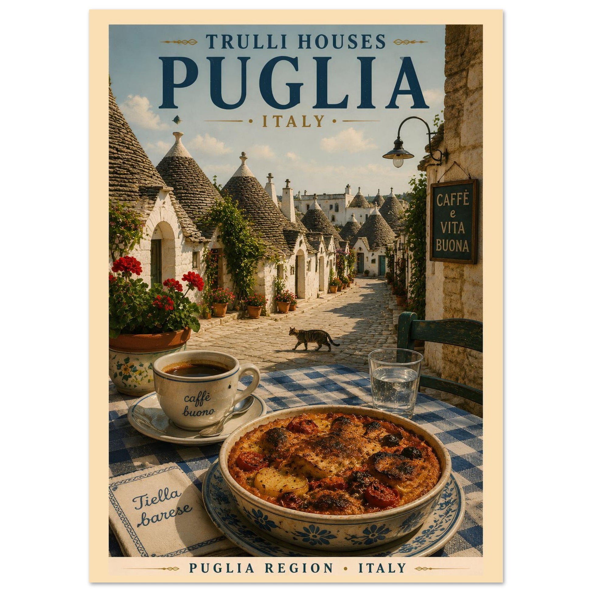 Italian travel poster featuring Puglia trulli houses displayed against a clean studio background
