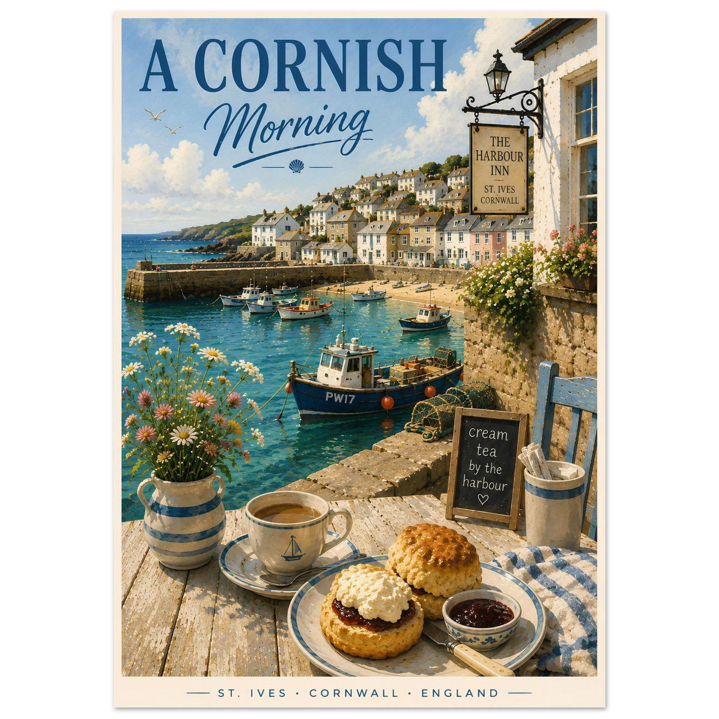 Vintage-style poster of a Cornish coastal scene with a tea set and 'A Cornish Morning' text.
