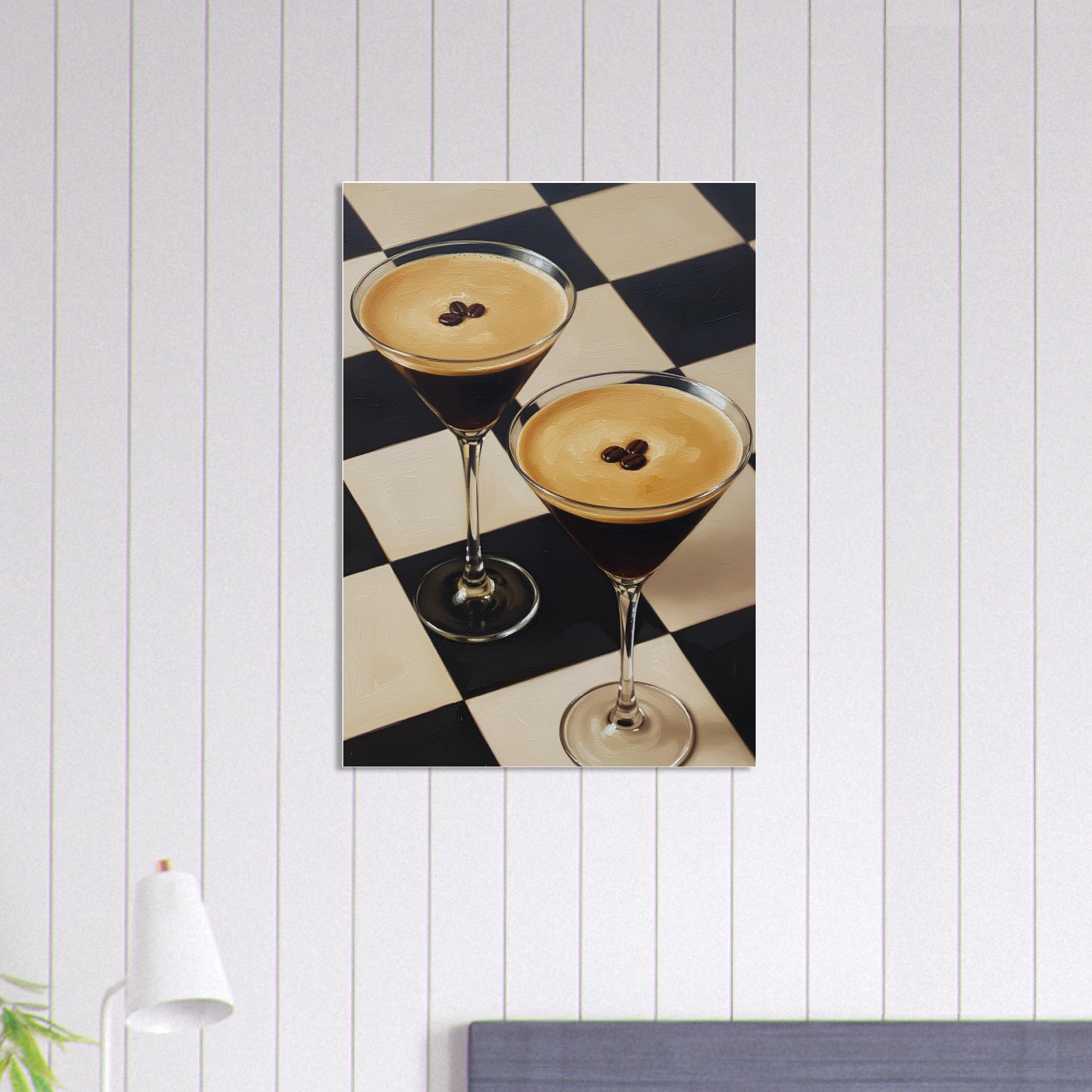 Canvas print of two cocktail glasses on a checkered background, mounted on a wall.