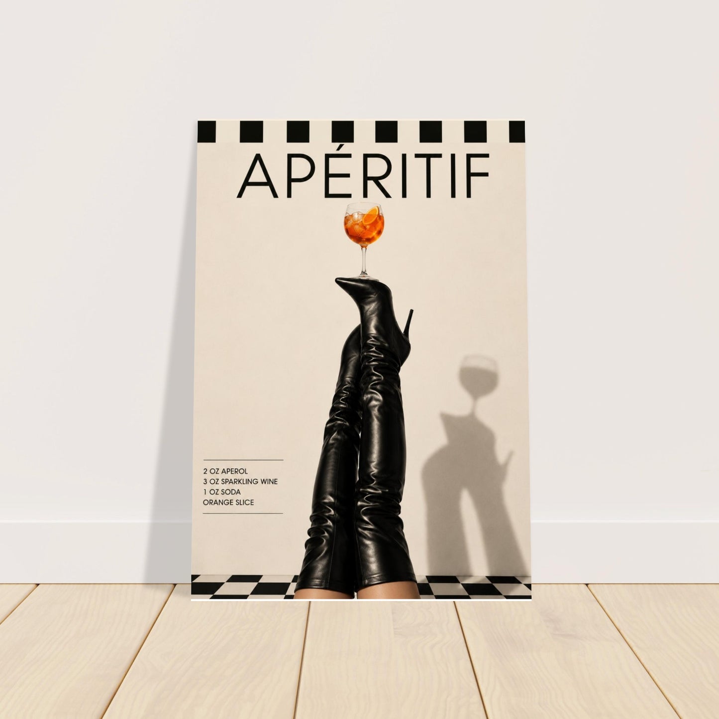 Minimalist cocktail fashion poster leaning against wall on wooden floor with checkerboard detail