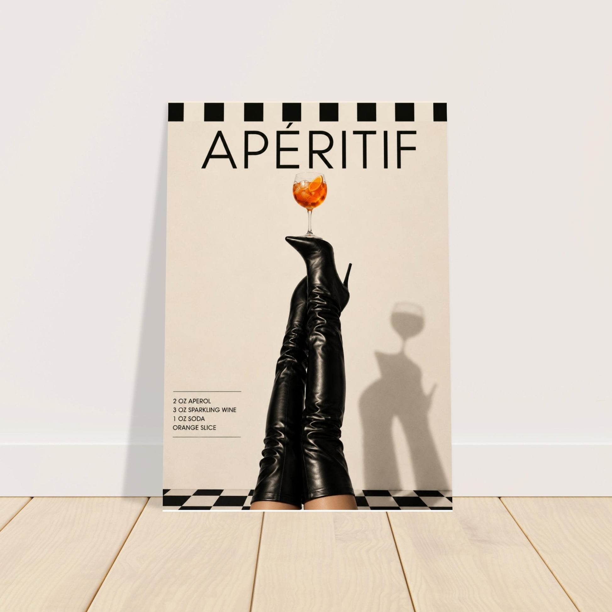 Minimalist cocktail fashion poster leaning against wall on wooden floor with checkerboard detail
