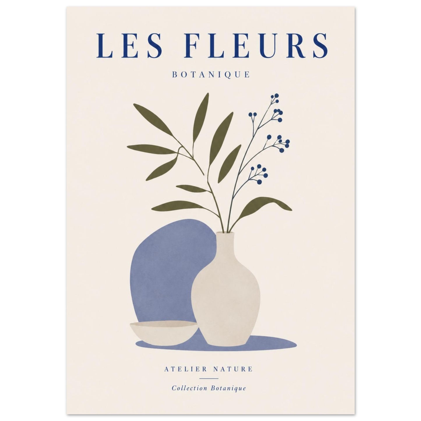 Close-up of Les Fleurs minimalist botanical print with blue vase and elegant floral stems