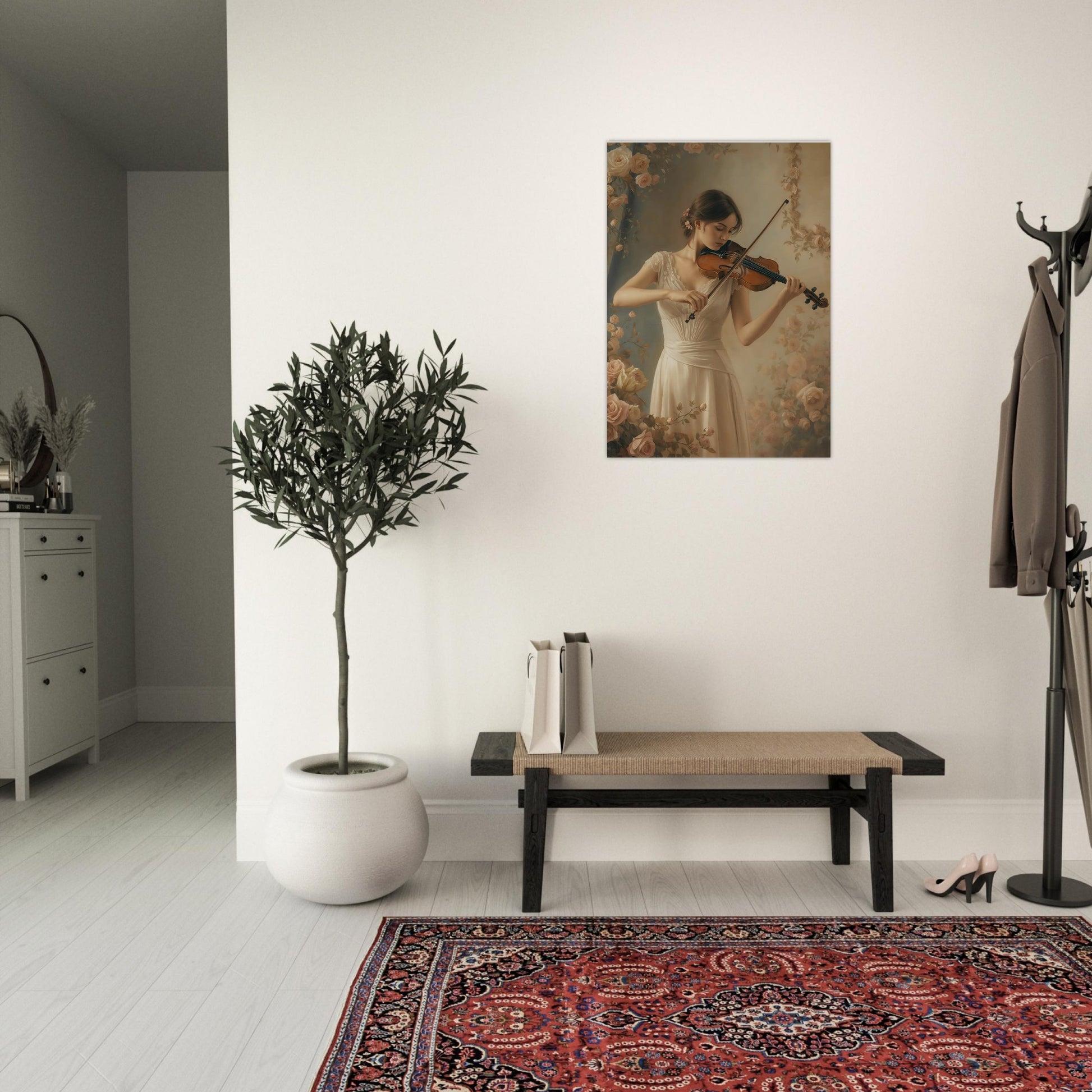 Living room with a plant, bench, and wall art of a woman playing a violin.