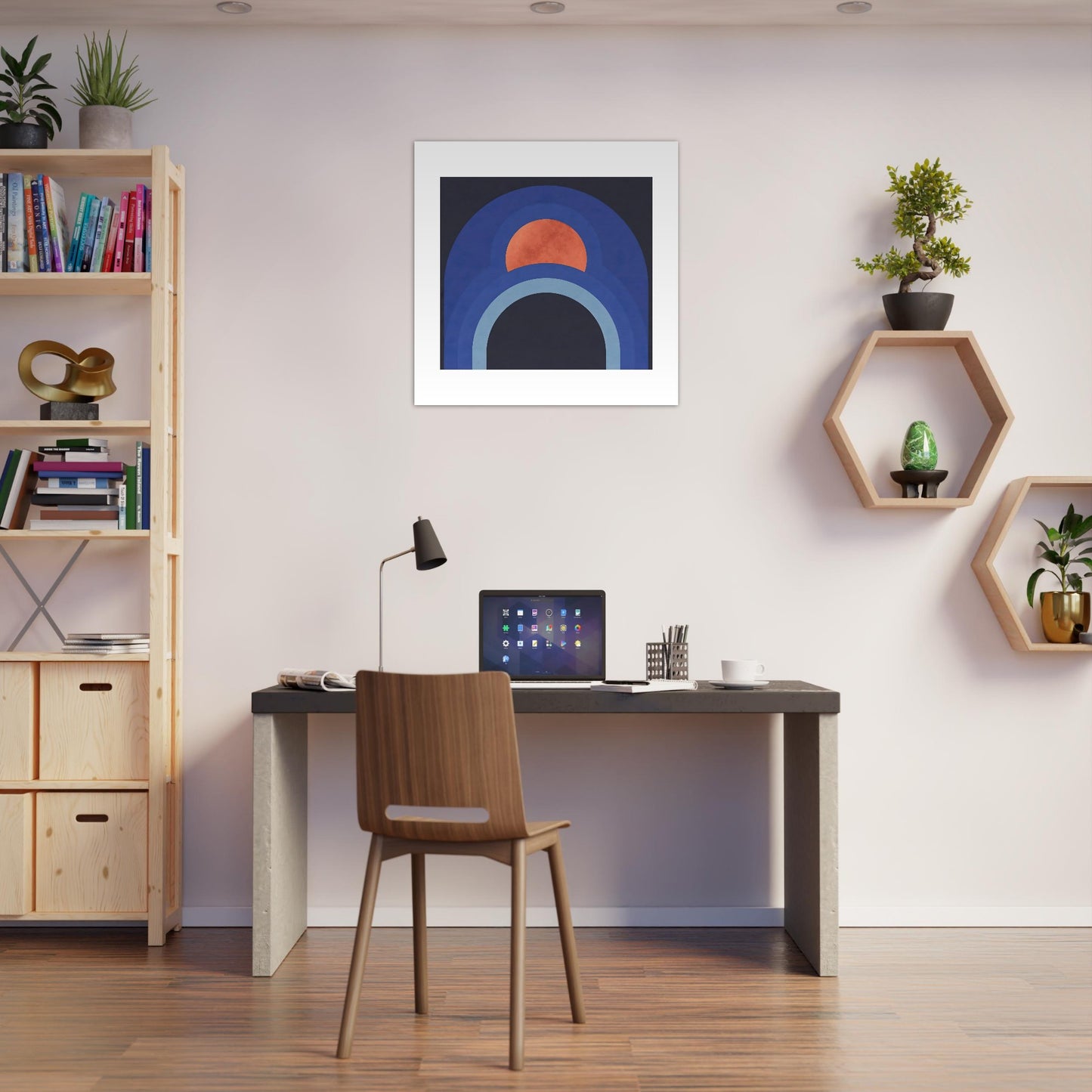 Minimalist abstract wall art displayed above kitchen counter in a cosy office setting