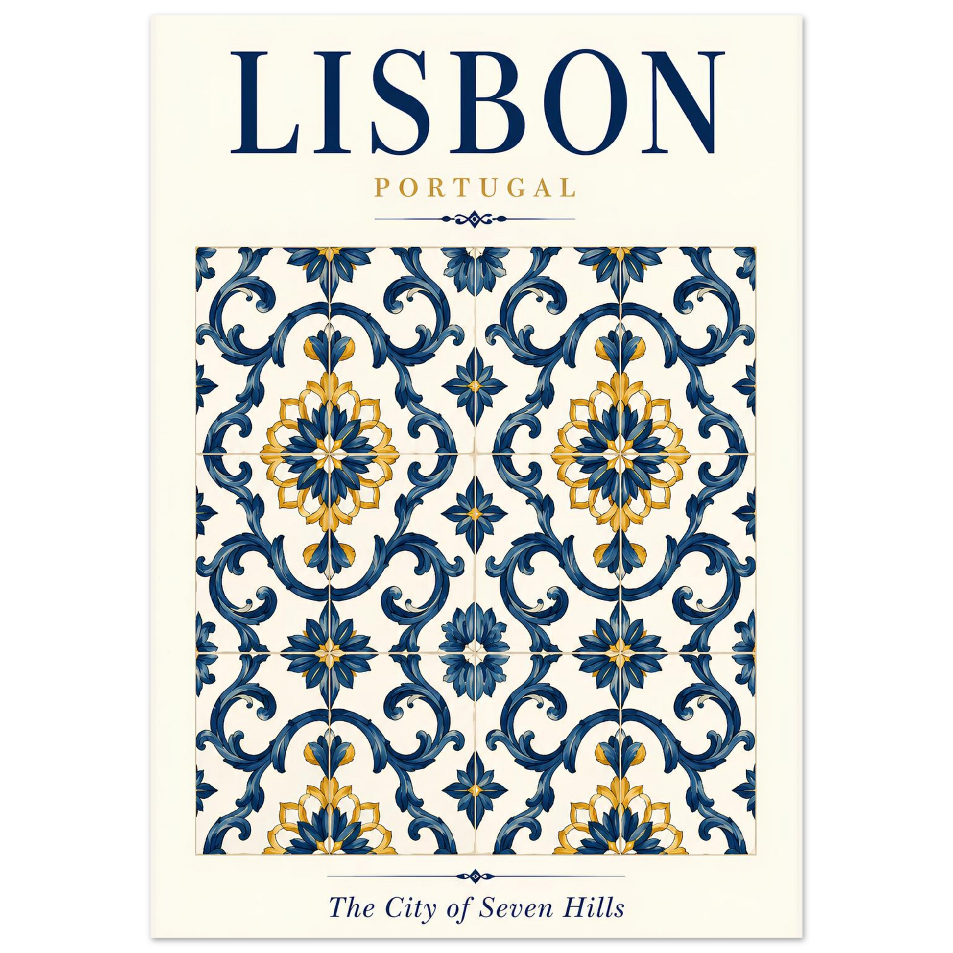 Lisbon wall art print featuring an intricate blue, white and yellow Portuguese azulejo tile design.