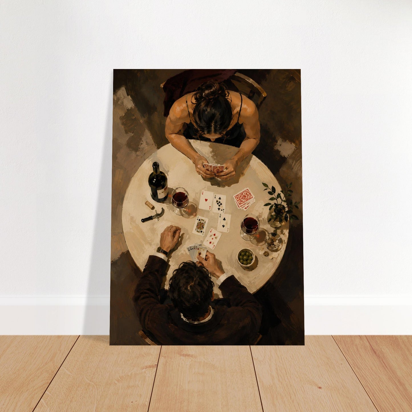 After Dinner painterly art print displayed unframed against a light neutral wall.