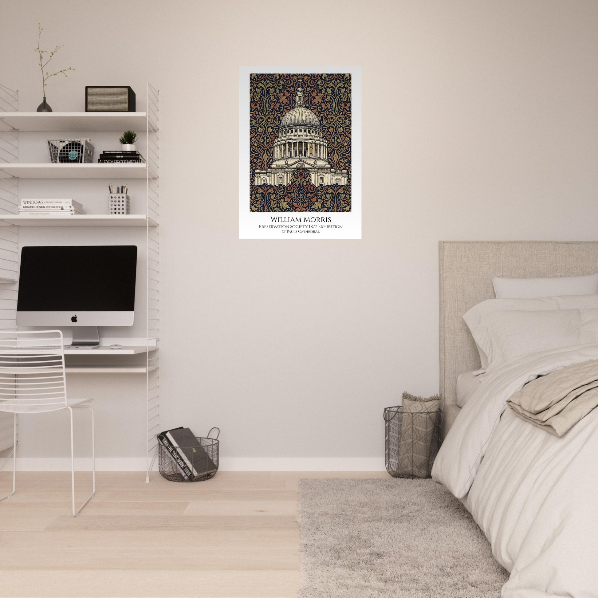 Room interior with a bed, desk, and framed artwork on the wall.