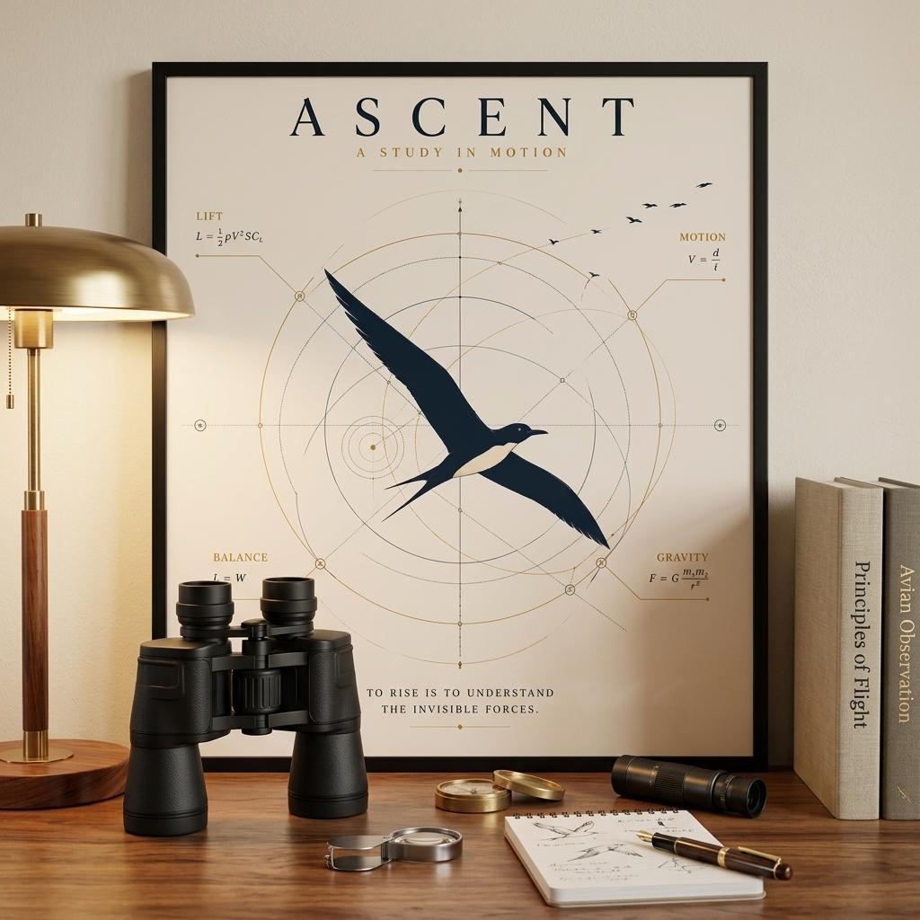 Minimalist scientific bird wall art with geometric flight diagrams displayed above a desk in a modern home office with warm lighting.