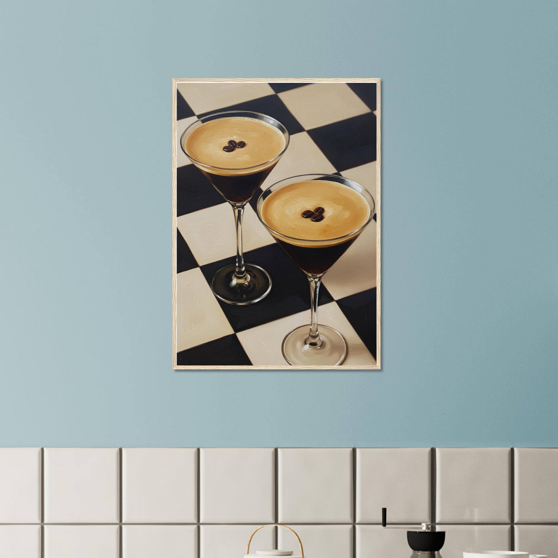 Minimalist Espresso Martini framed wall art adding character to a modern dining room with blue walls.