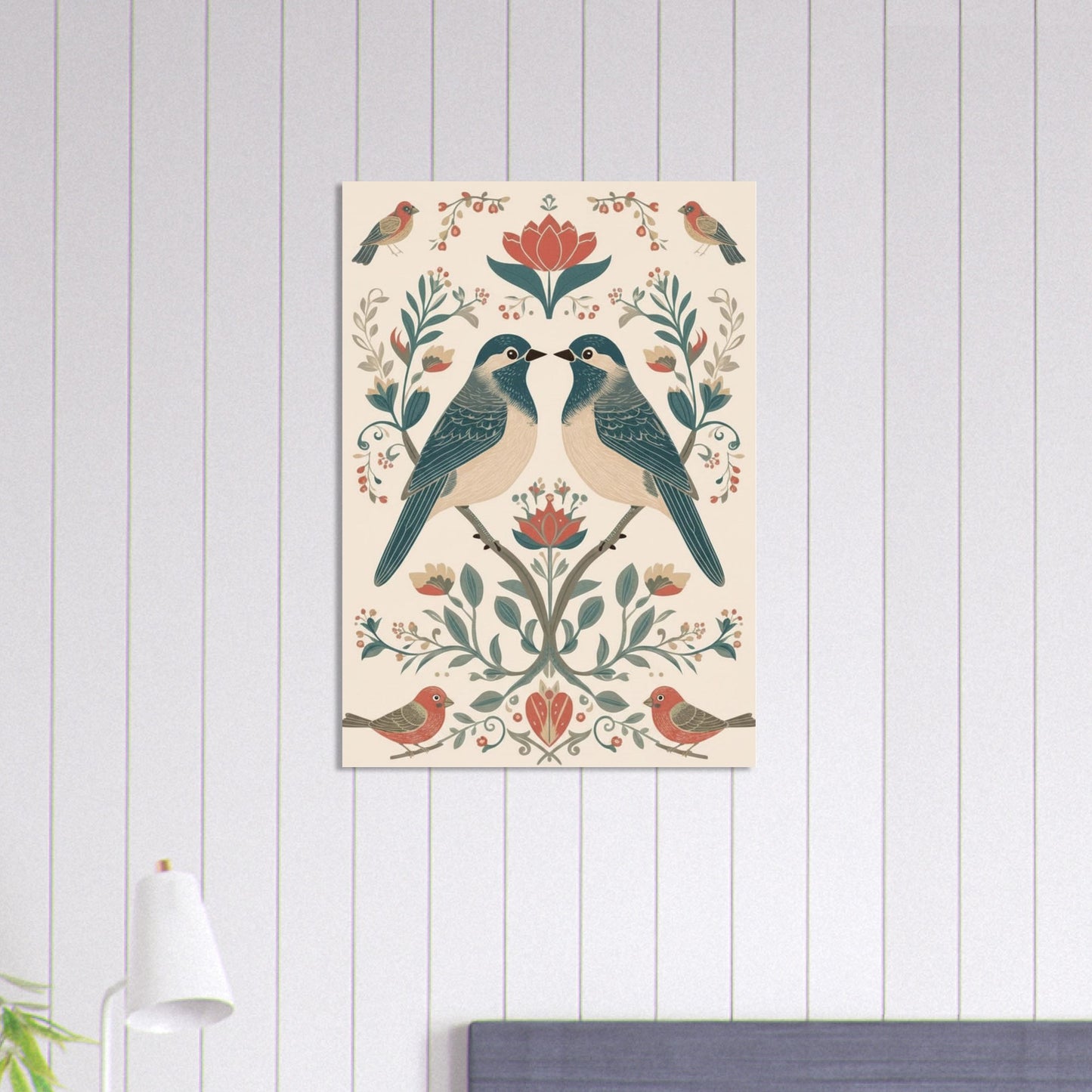 Minimalist Scandinavian bird wall art in modern bedroom with neutral decor and soft textures