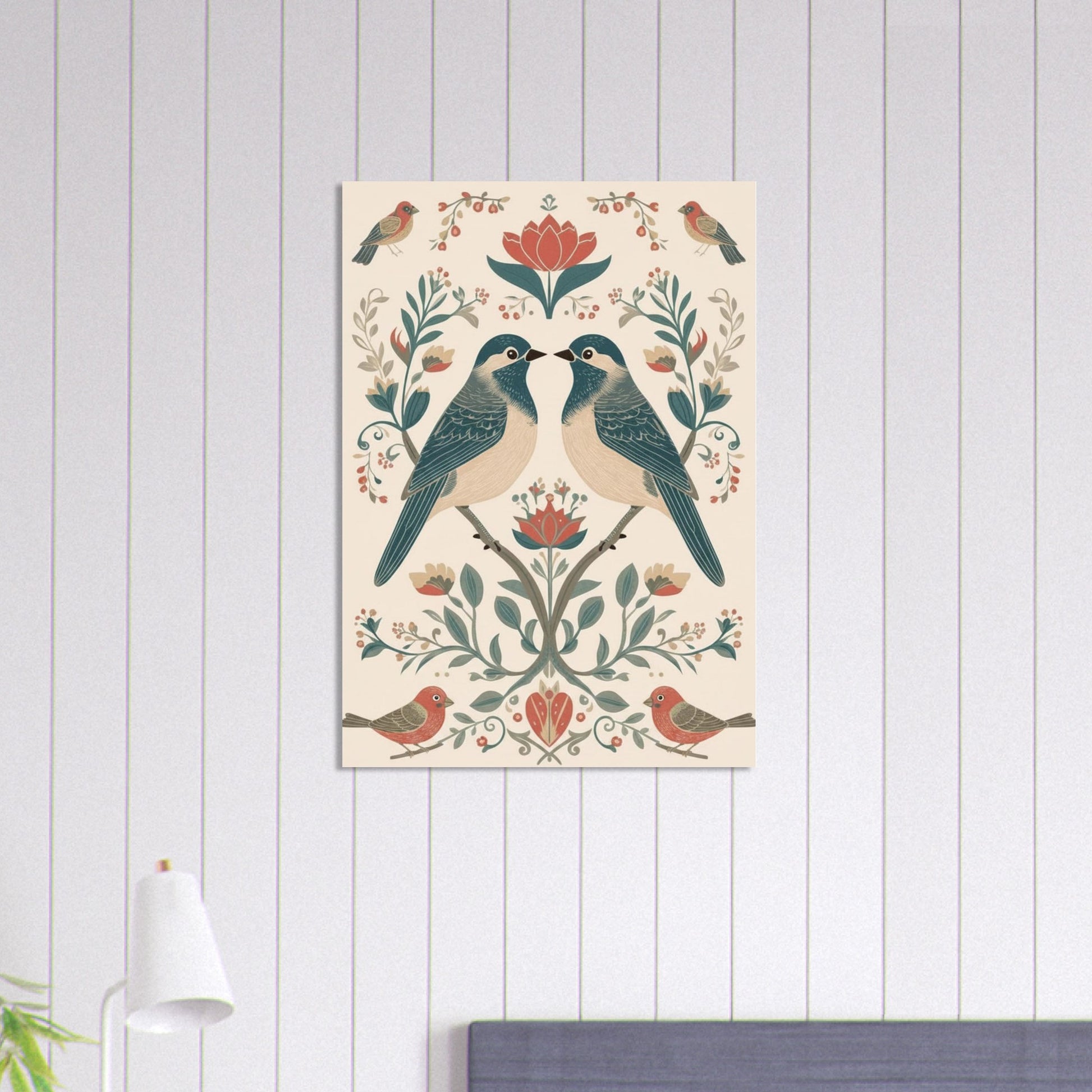 Minimalist Scandinavian bird wall art in modern bedroom with neutral decor and soft textures