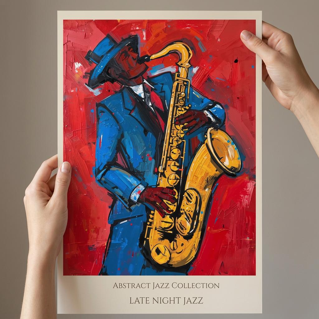 Art print of a jazz musician playing a saxophone with abstract design, held by two hands against a beige background.