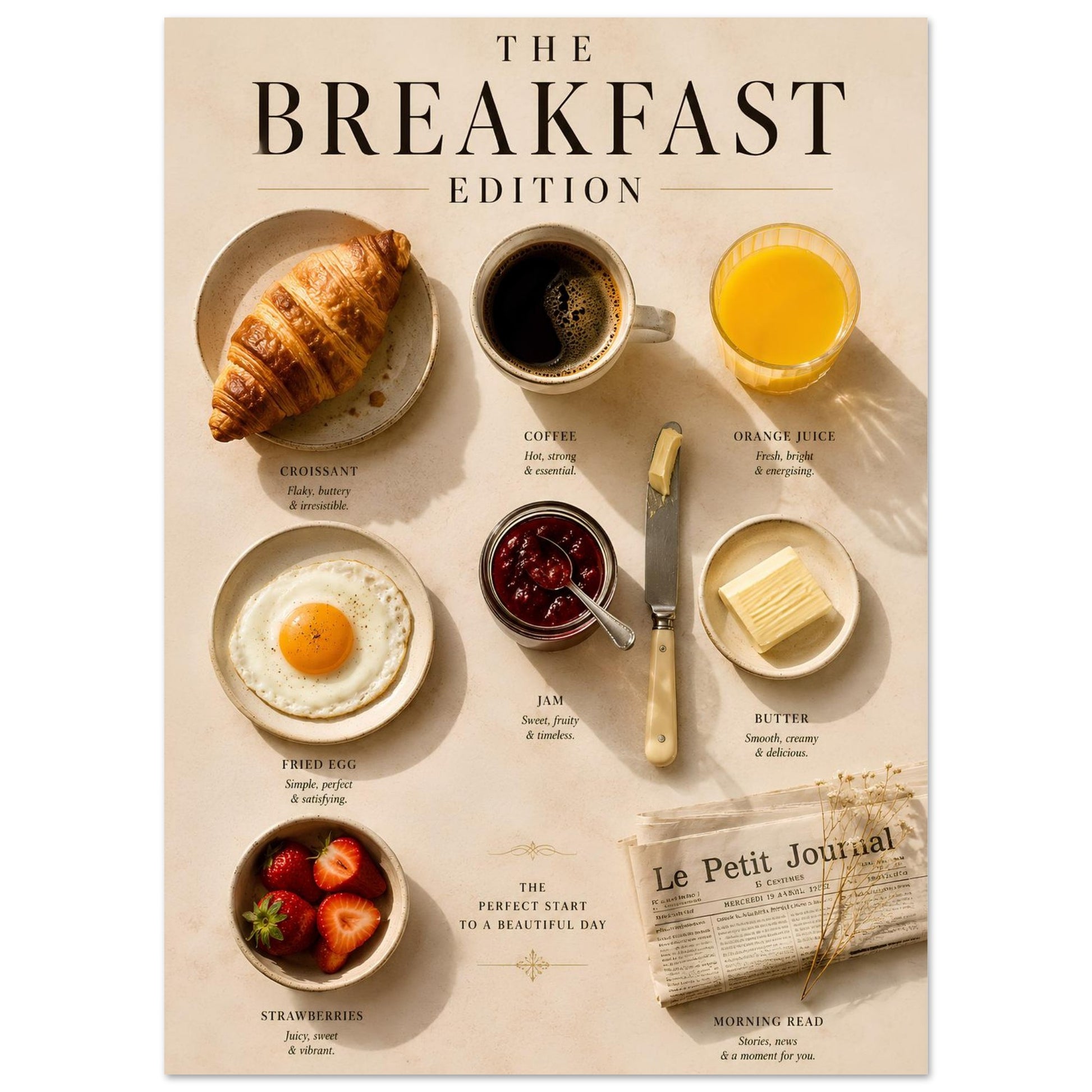 Breakfast Edition Poster displayed in a contemporary dining area with natural light and breakfast-themed wall art.