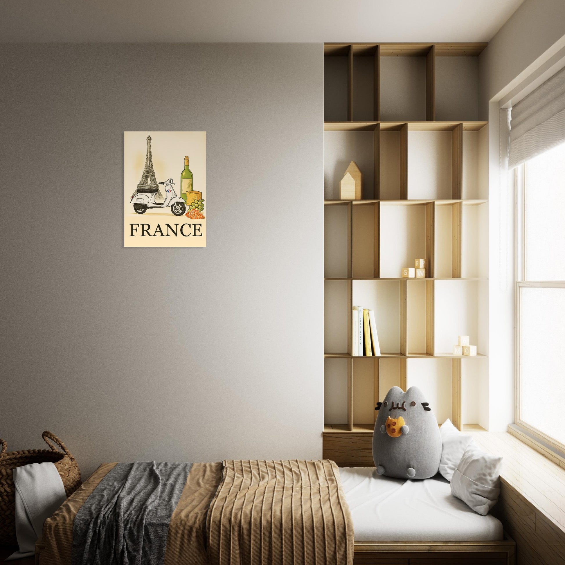 Room interior with a shelf, bed, and wall art featuring the Eiffel Tower and scooter.