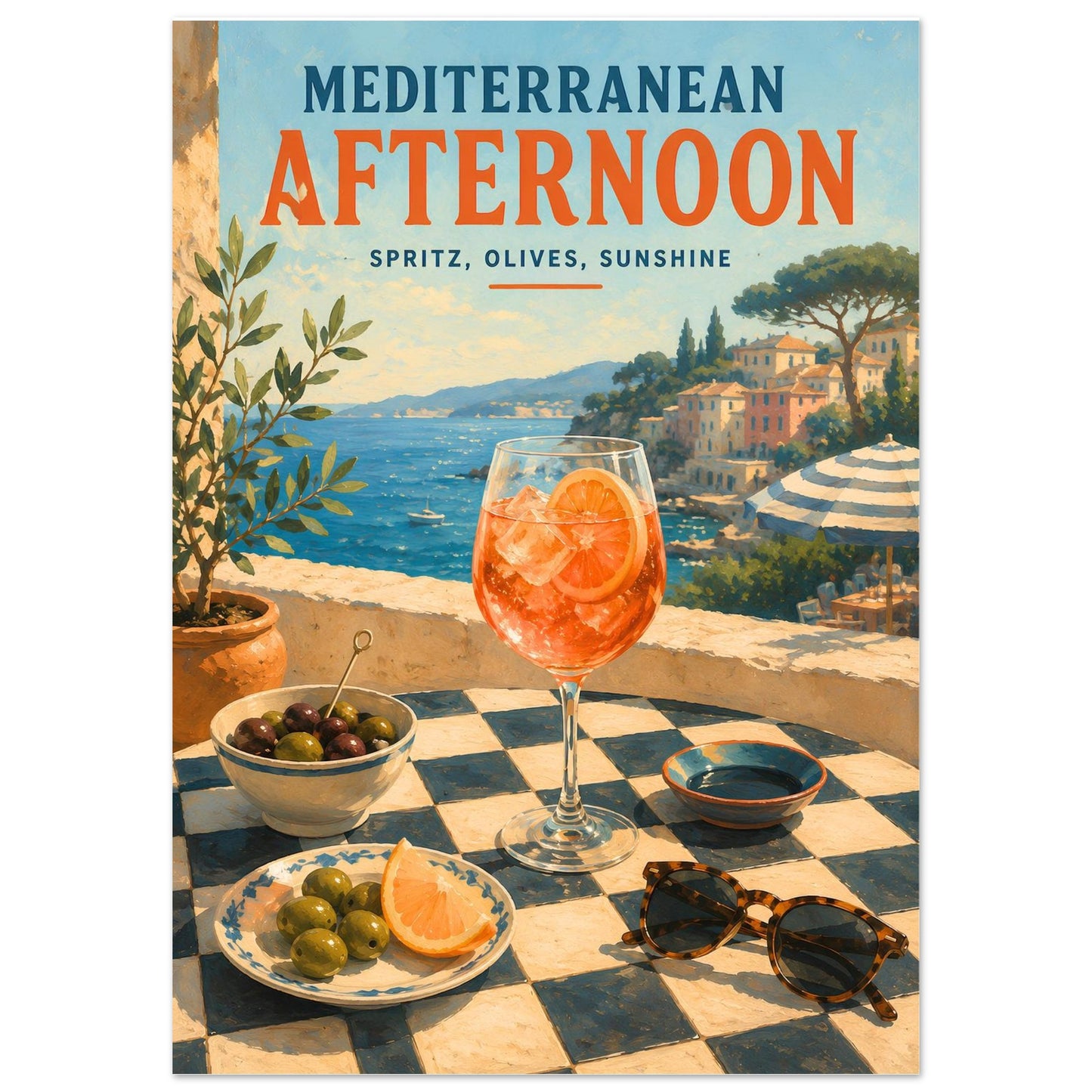 Mediterranean wall art featuring a spritz cocktail and coastal sea view in painterly style