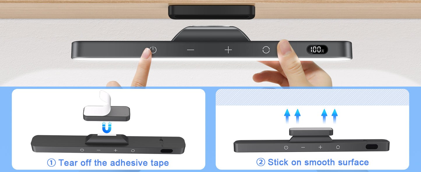 Hands using a device with adhesive tape and instructions on a smooth surface