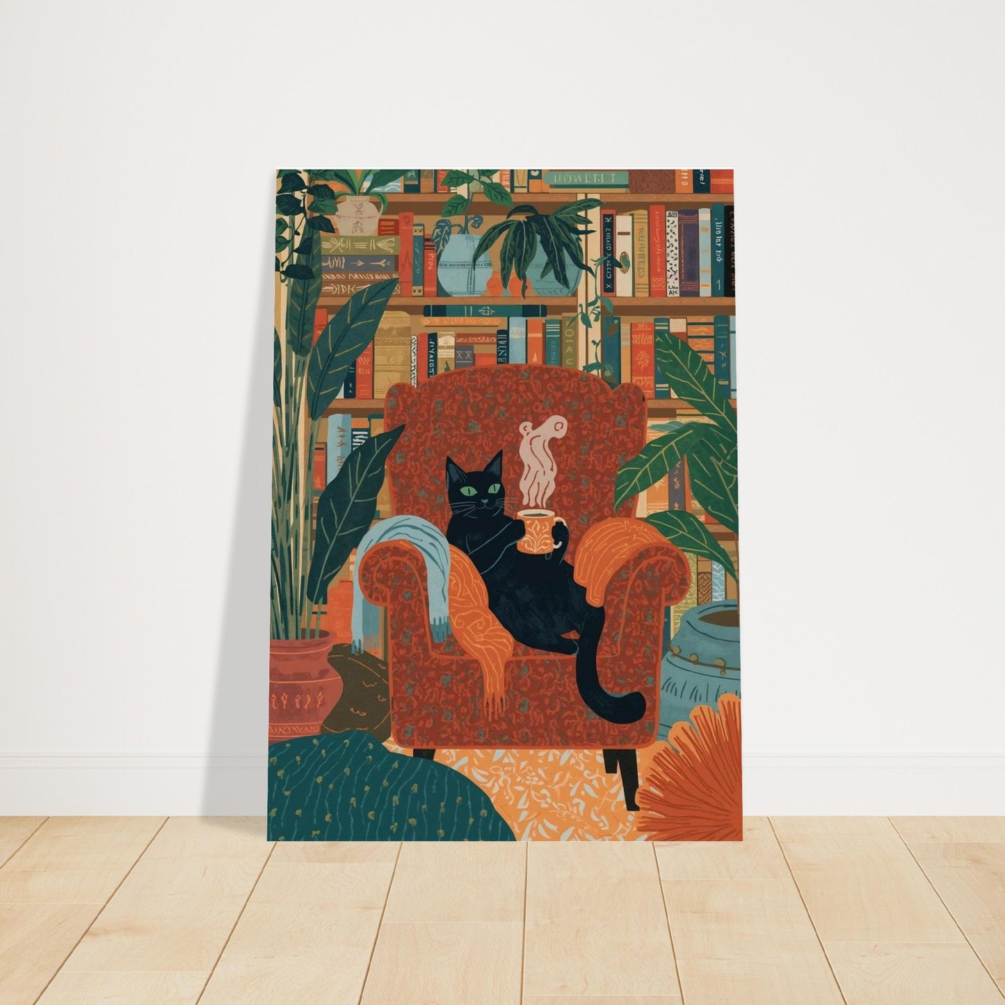 Decorative poster of a cat lounging on an armchair with books and plants in the background.
