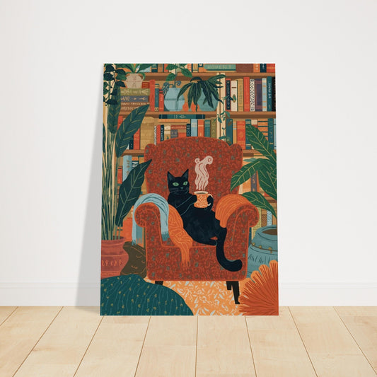 Decorative poster of a cat lounging on an armchair with books and plants in the background.