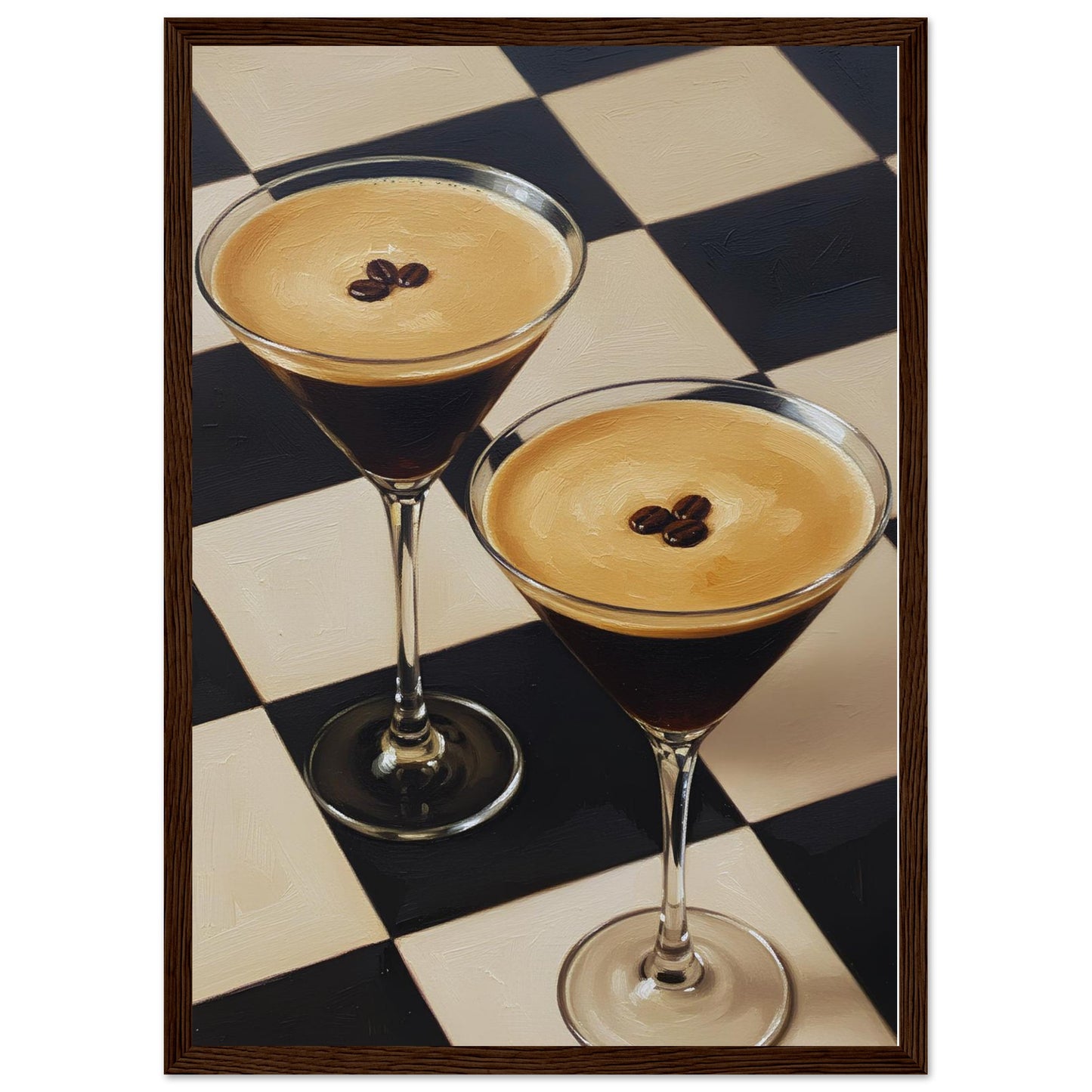 Framed Espresso Martini print featuring two classic cocktails with rich coffee tones and a geometric checkerboard pattern.