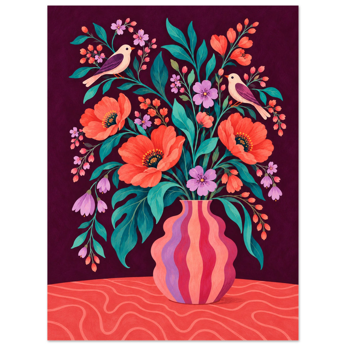 A colorful floral art print featuring a wavy pink and orange vase filled with orange poppies, purple blossoms, green leaves, and two small birds against a dark burgundy background.