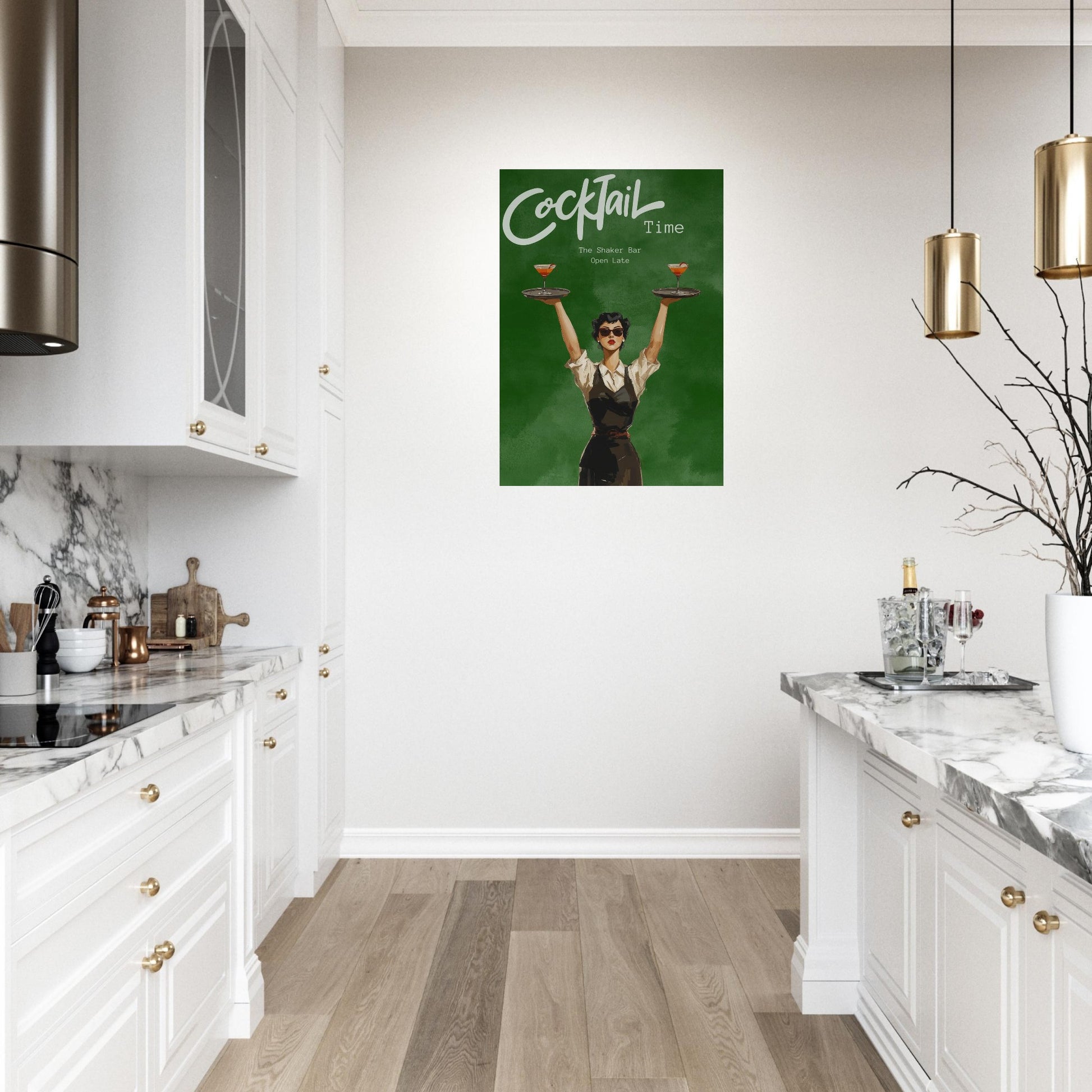 Modern kitchen with white cabinets, marble countertops, and a decorative poster on the wall.