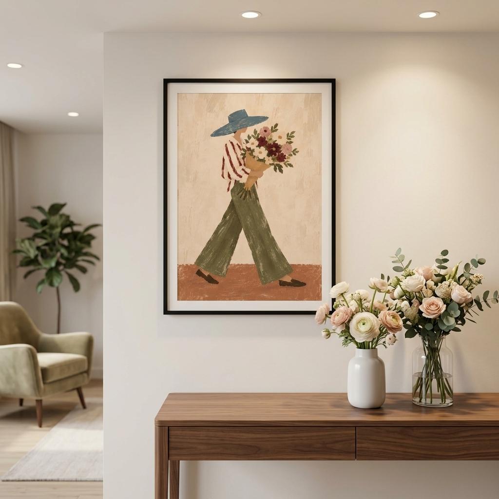 A framed art print depicting a stylized walking figure in a blue hat and striped shirt holding flowers, displayed on a beige wall above a wooden console table with flower vases in a modern living room setting.