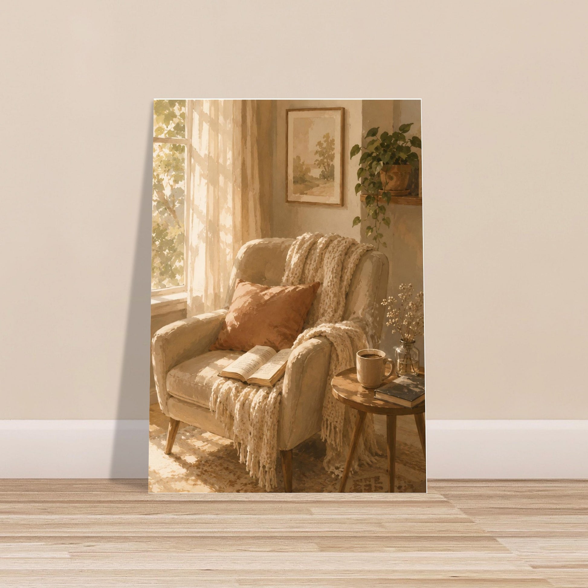 Cozy Poster of a armchair with a blanket and pillow in a warm, sunlit room.