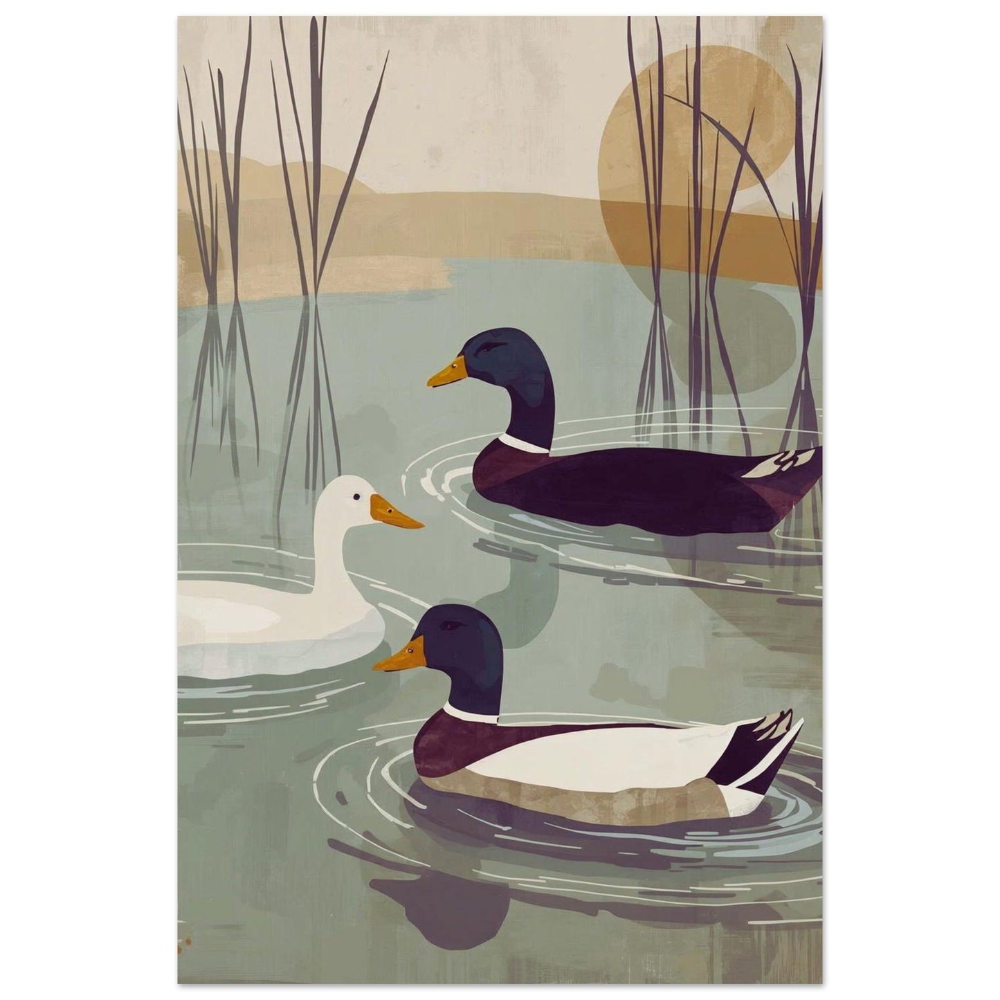 Illustration poster of three ducks swimming in a pond with reeds and a sunset in the background.