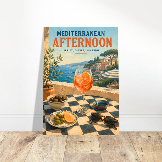 Framed Mediterranean Afternoon poster leaning against a wall on a wooden floor