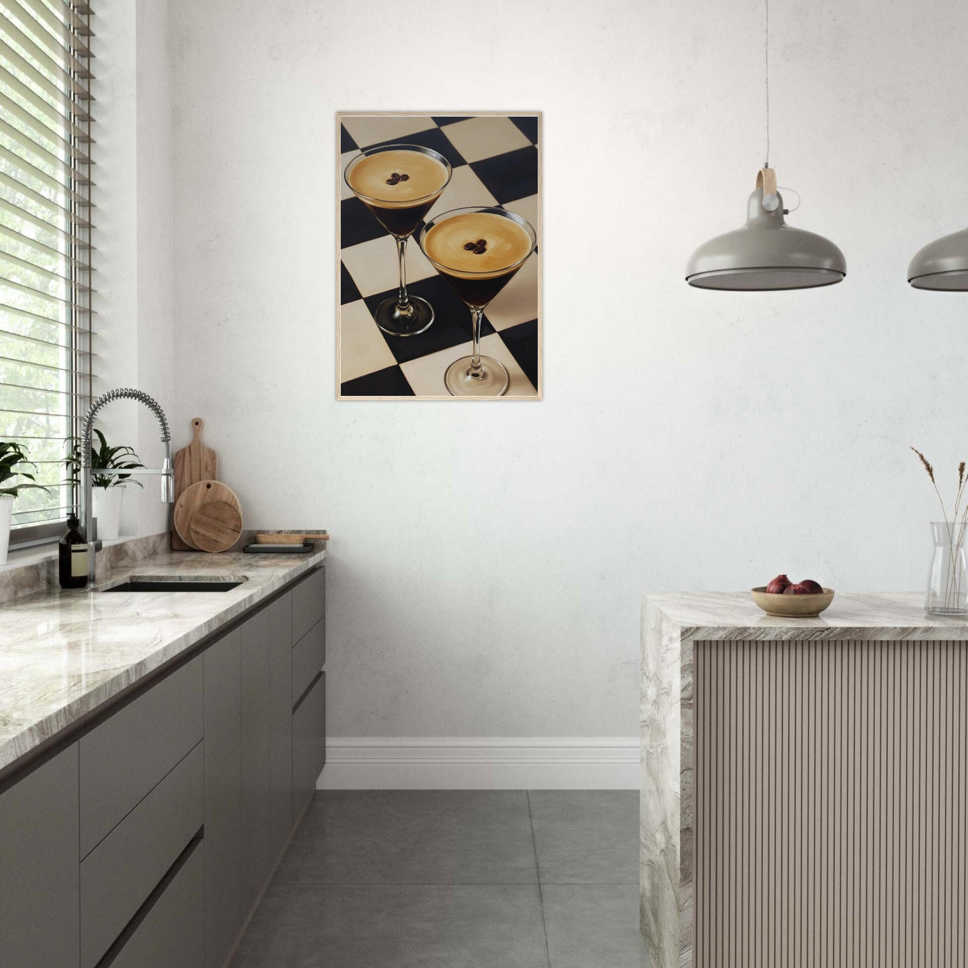 Espresso Martini framed wall art creating a stylish focal point in a modern kitchen with green cabinetry.