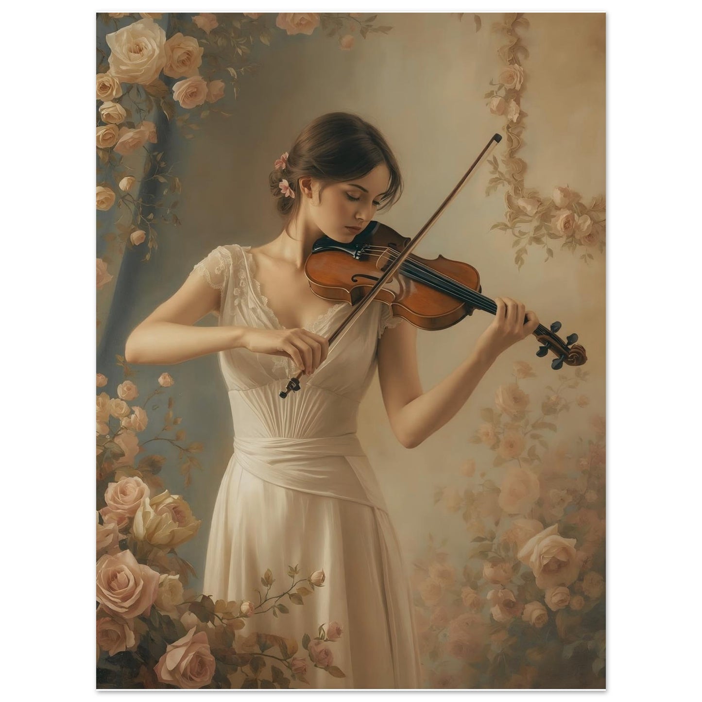 Woman playing violin surrounded by flowers in a classical painting style