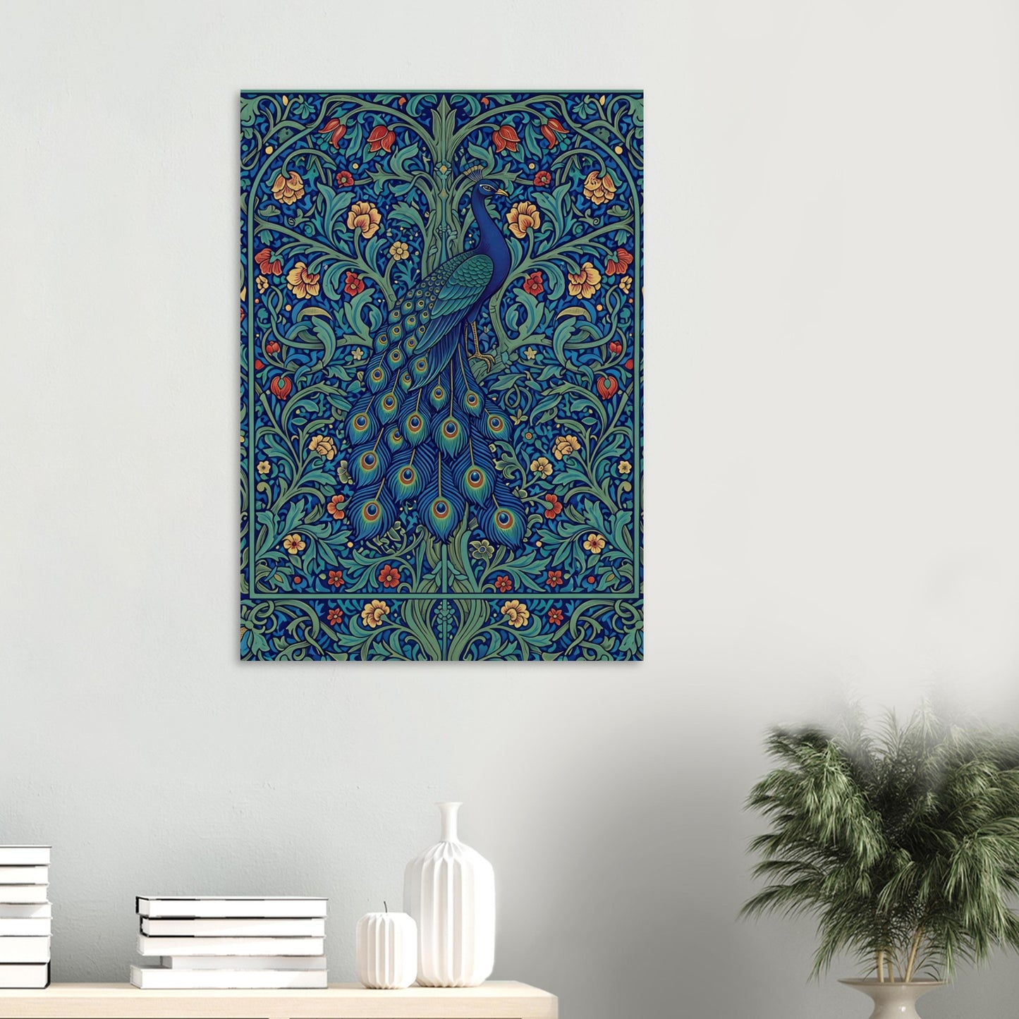 The Enchanted Peacock wall art displayed above books and decorative objects in a modern neutral room.