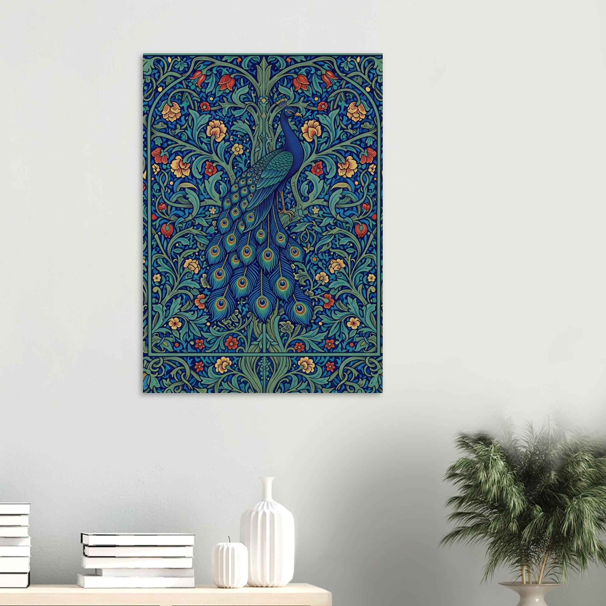 The Enchanted Peacock wall art displayed above books and decorative objects in a modern neutral room.
