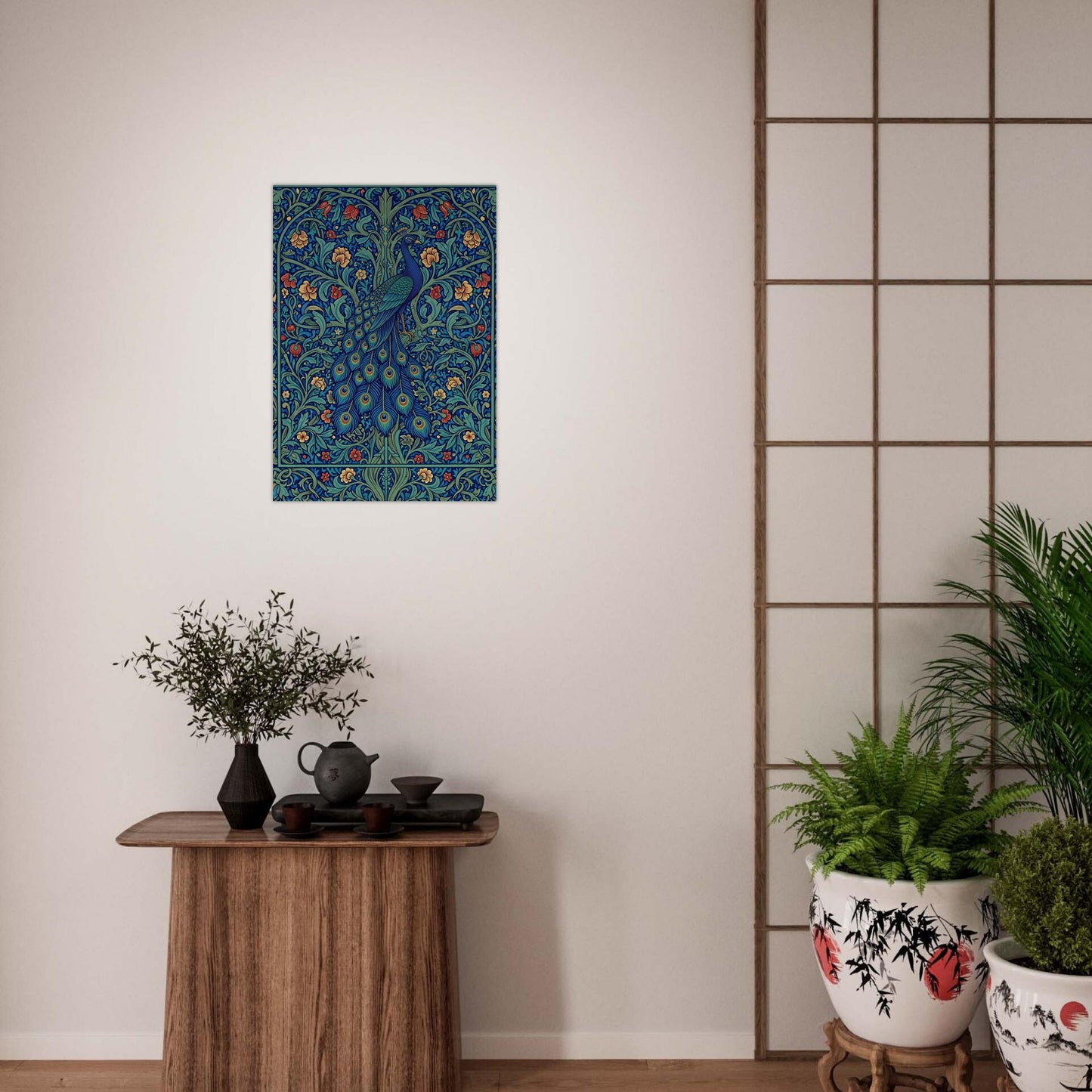 Decorative peacock print on a wall above a wooden table with plants.