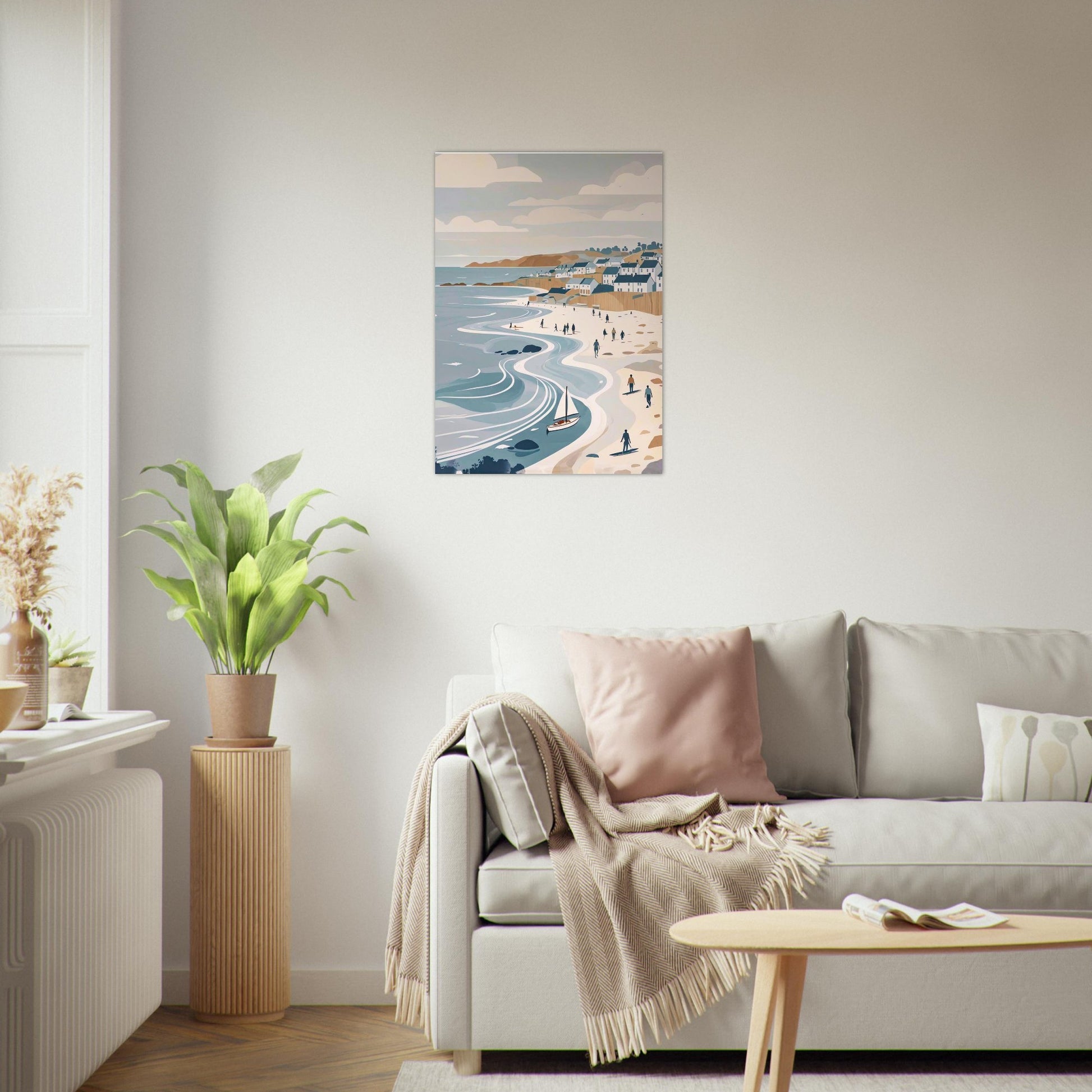 Scandinavian seaside wall art print styled in a bright modern living room interior