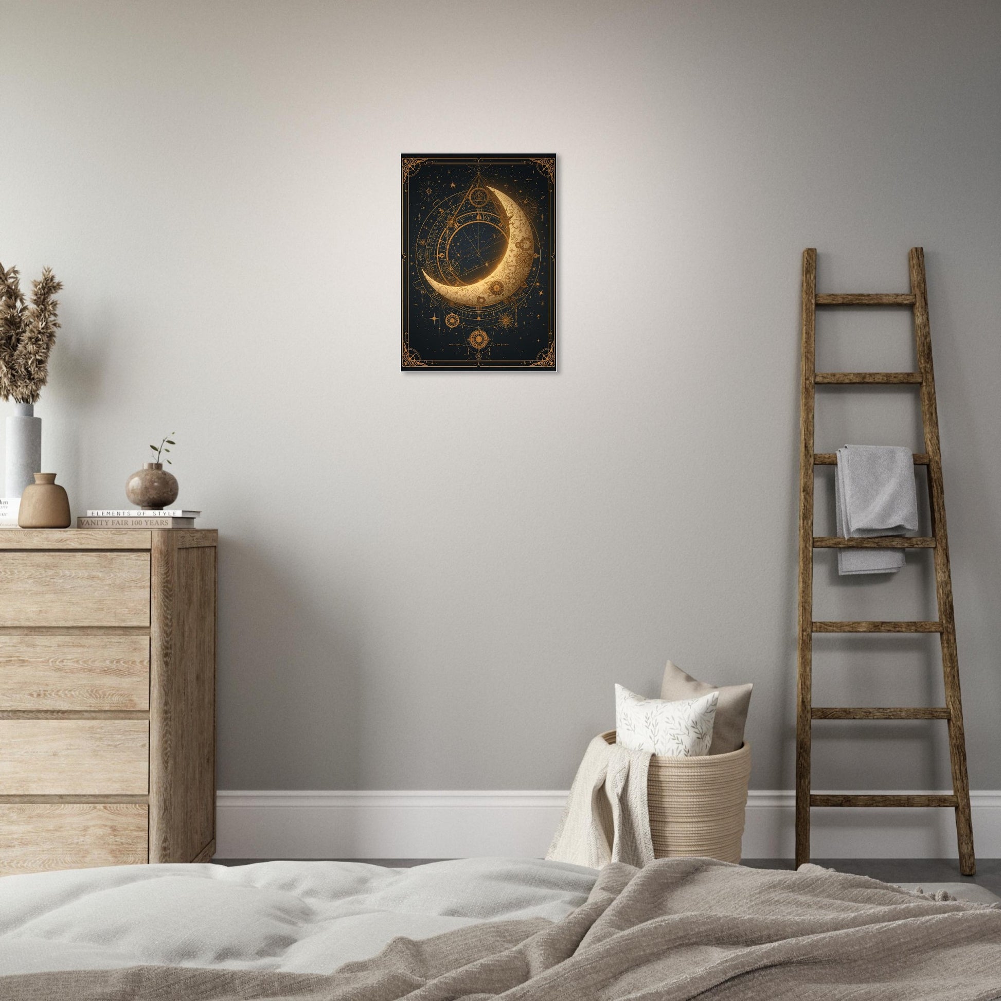 Decorative poster of a celestial design on a wall in a bedroom.