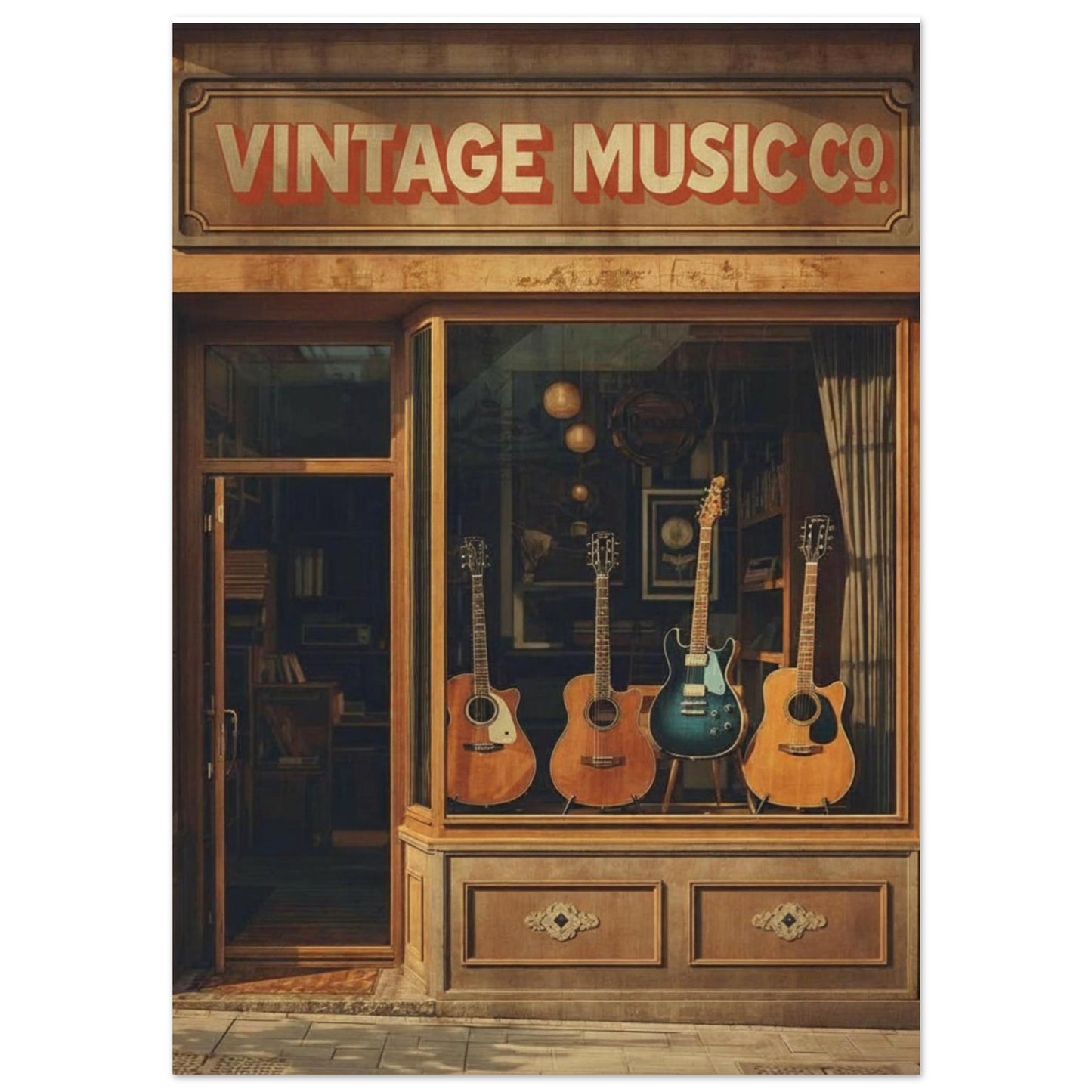 Vintage Music Co. store front with guitars in the window
