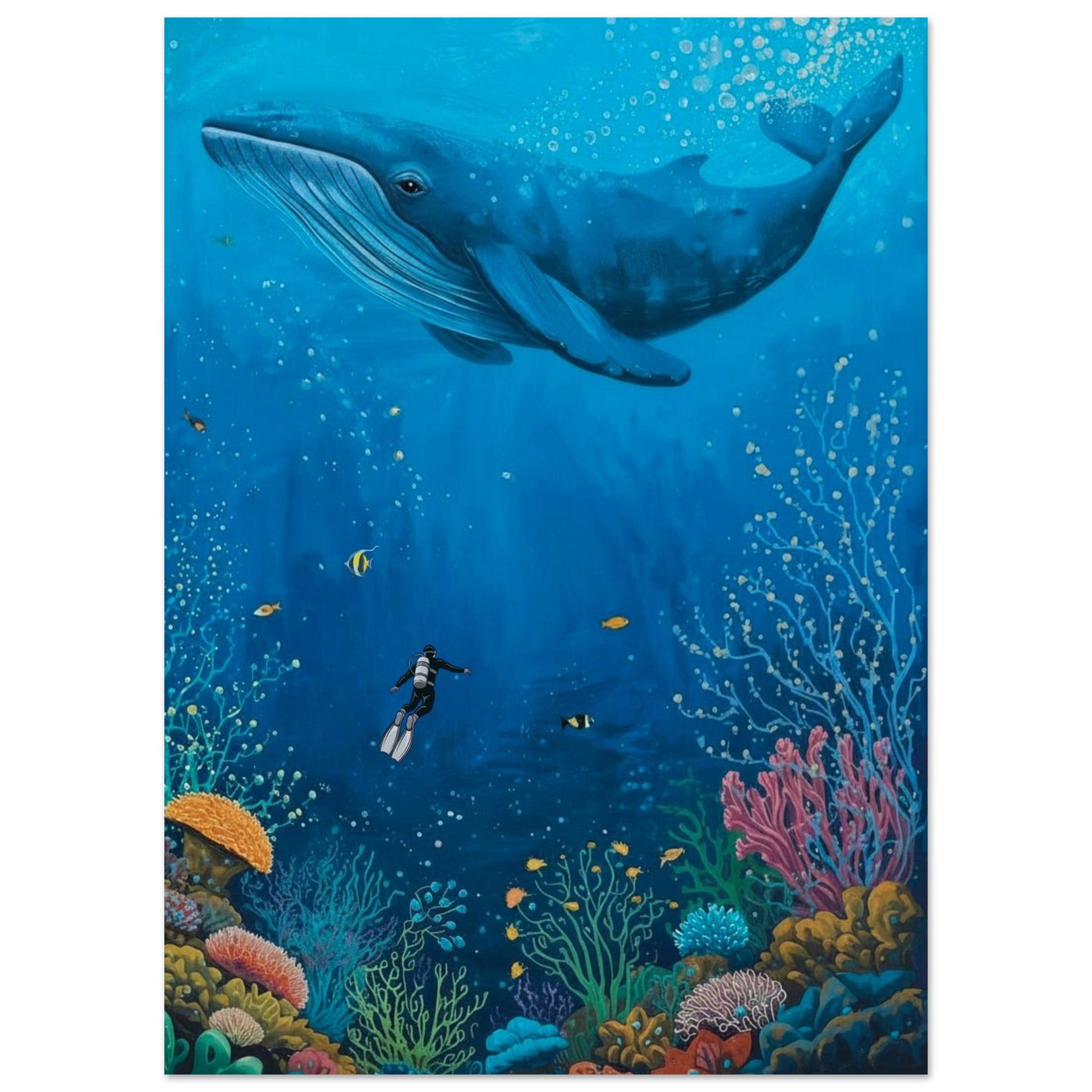Whale swimming above a diver and colorful coral reef underwater scene