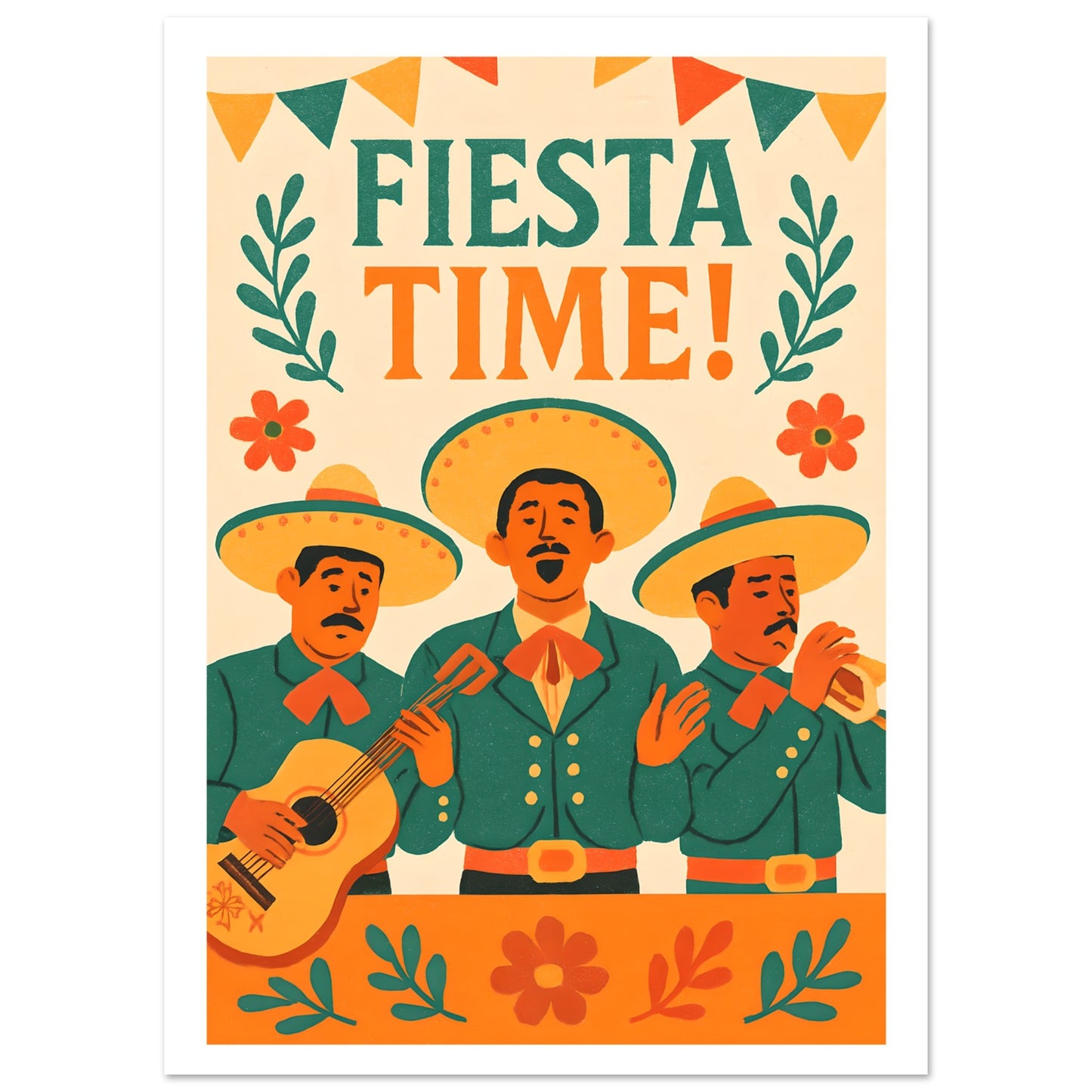 Illustration of three musicians in sombreros with 'Fiesta Time!' text above them.