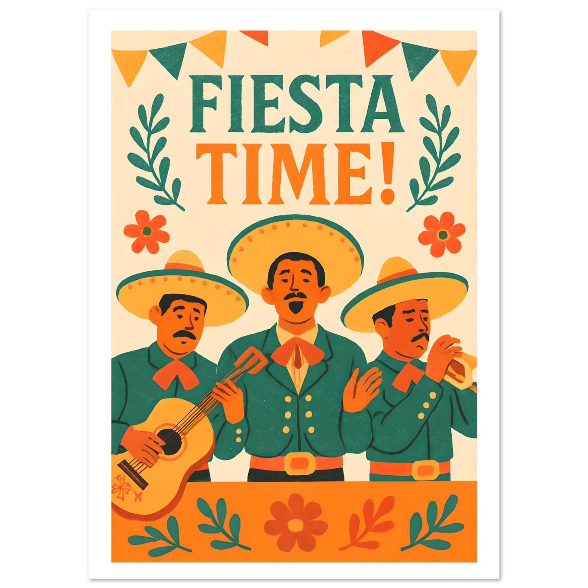 Illustration of three musicians in sombreros with 'Fiesta Time!' text above them.