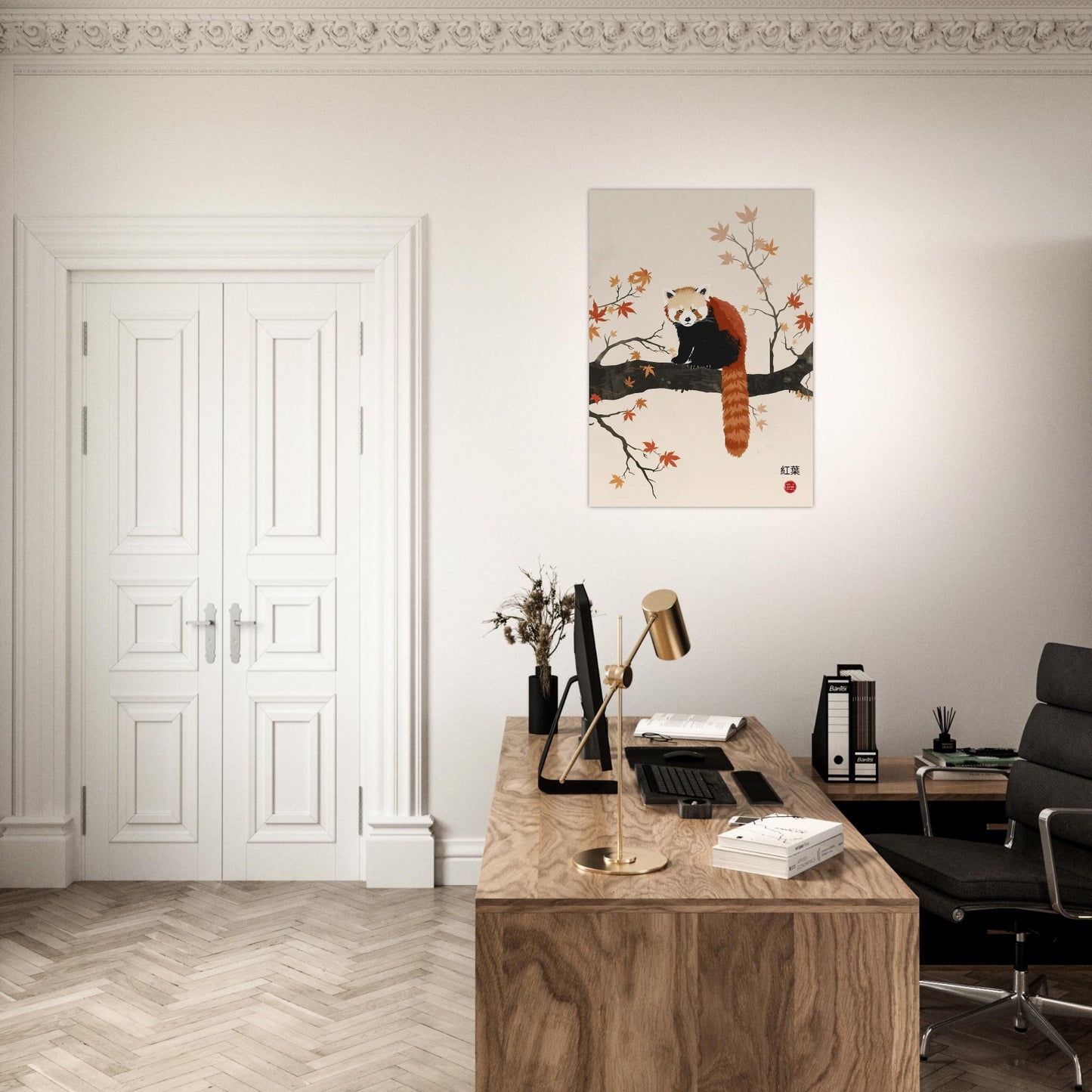 Modern office setup with a wooden desk, chair, and Japandi red panda poster