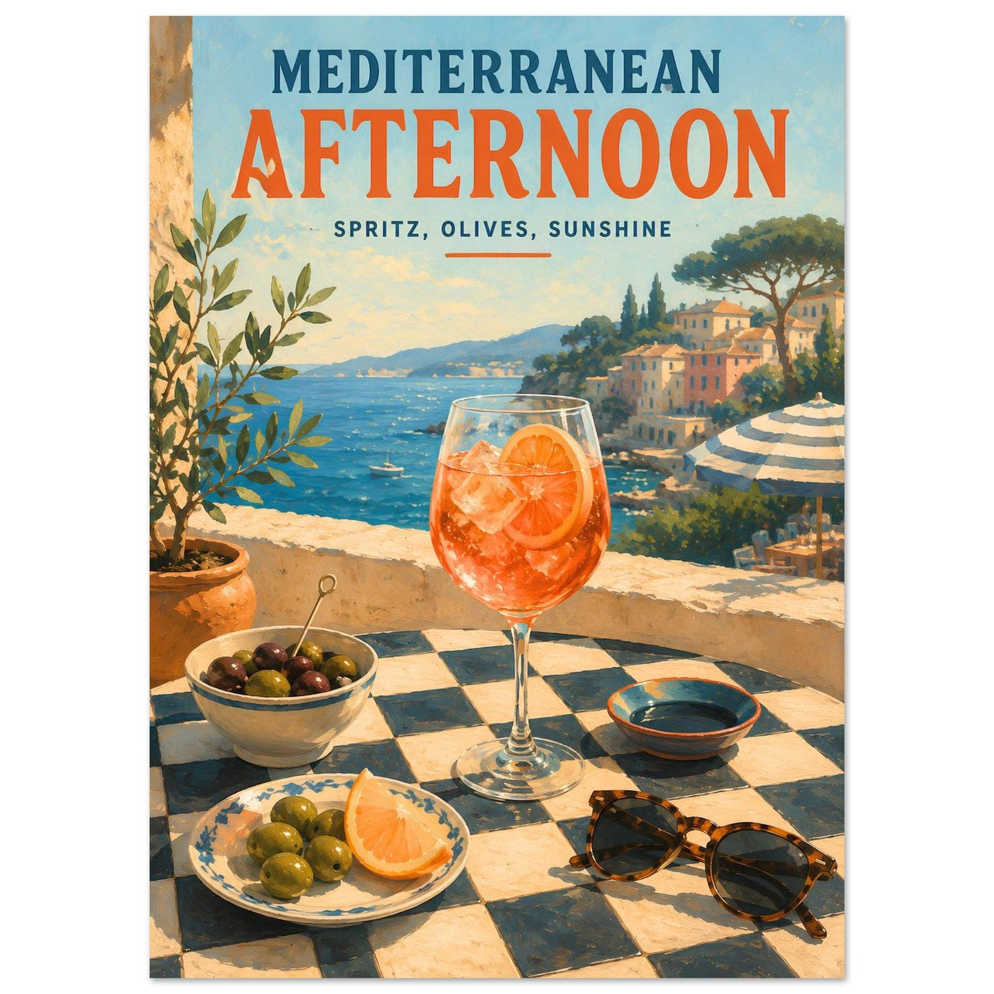 Mediterranean wall art featuring a spritz cocktail and coastal sea view in painterly style